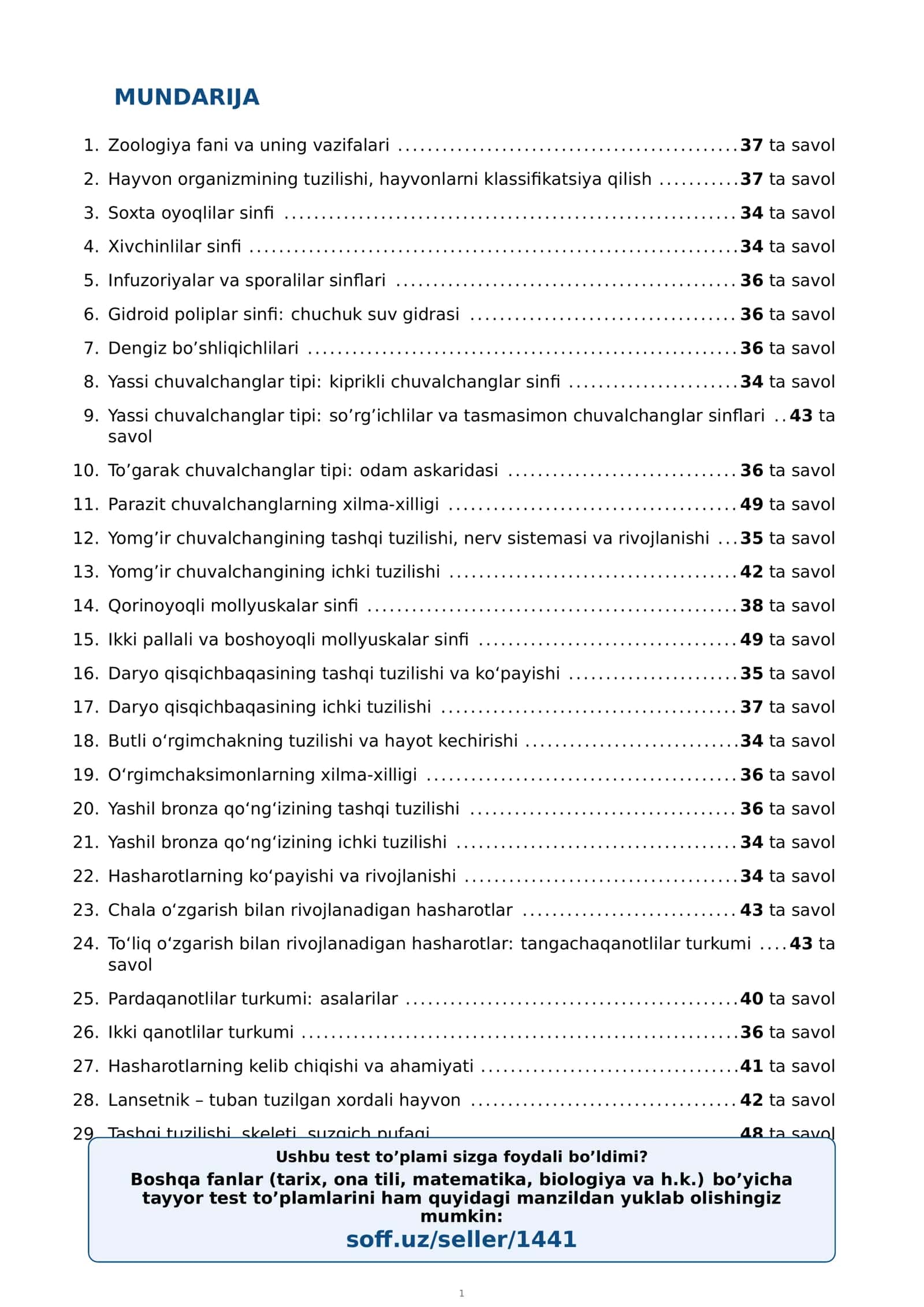 7-sinf Biologiya (Zoologiya) fanidan mavzulashtirilgan test va savollar to'plami 2