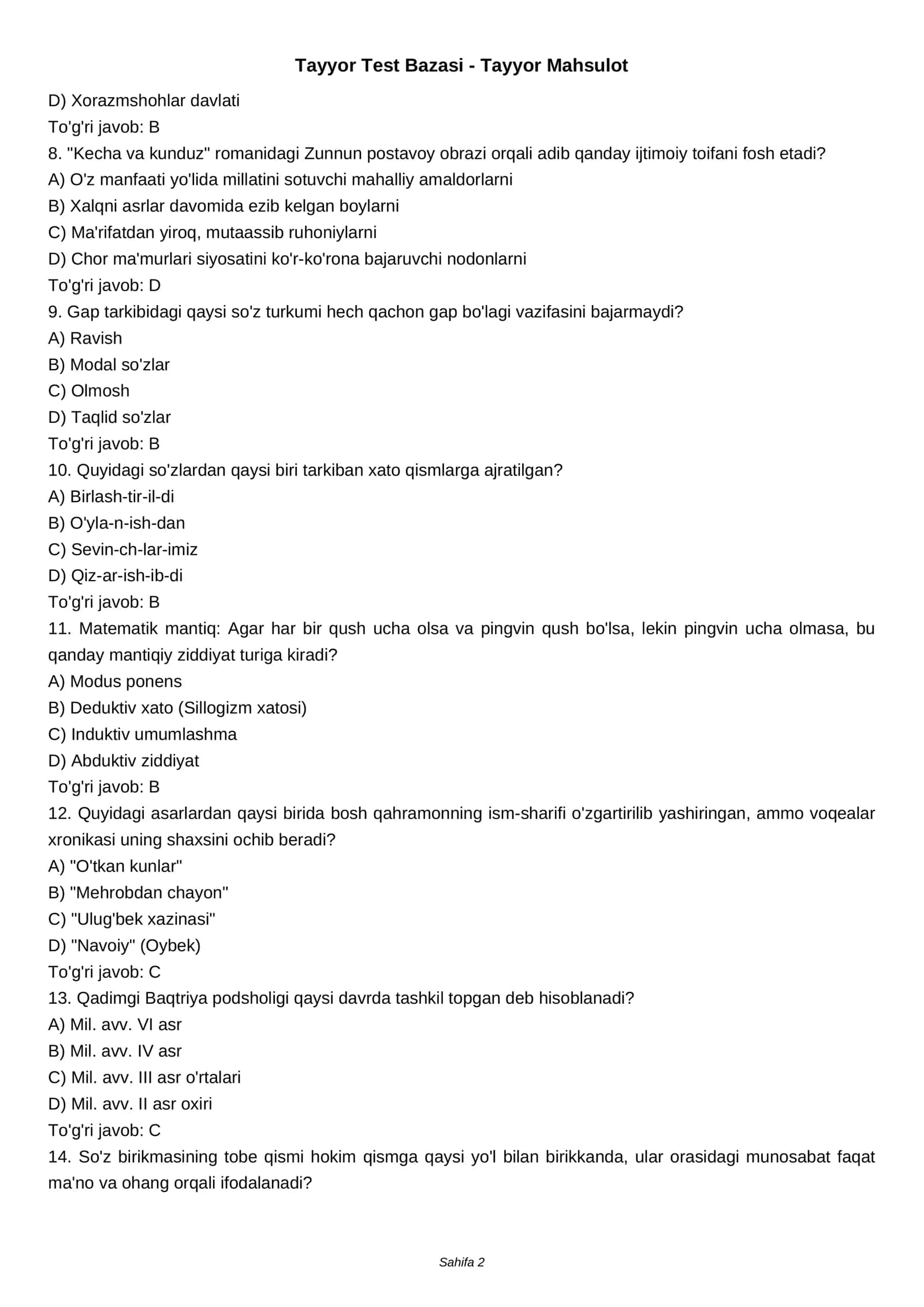 Tayyor Test Bazasi - Tayyor Mahsulot 2