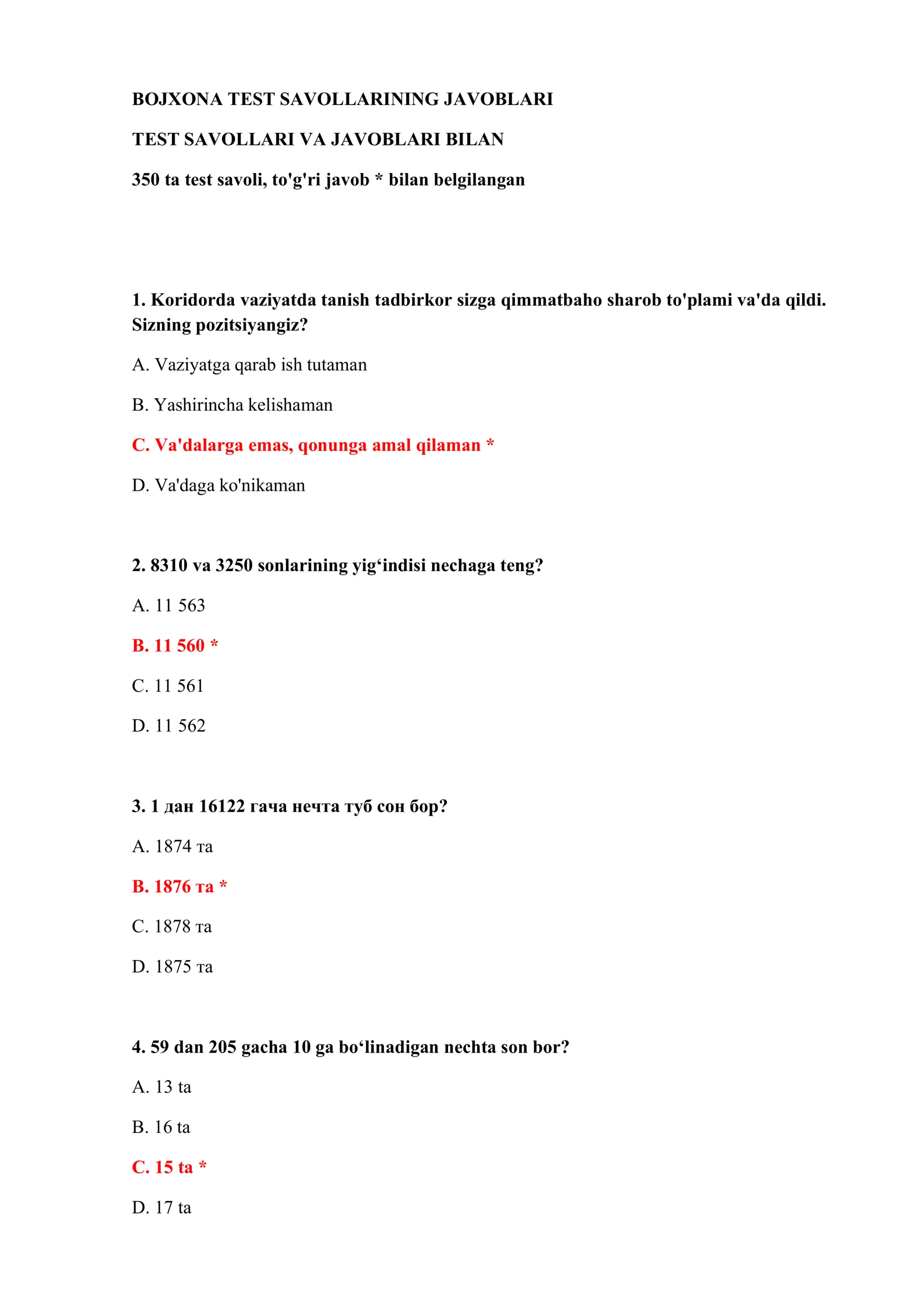 BOJXONA TEST SAVOLLARINING JAVOBLARI 2