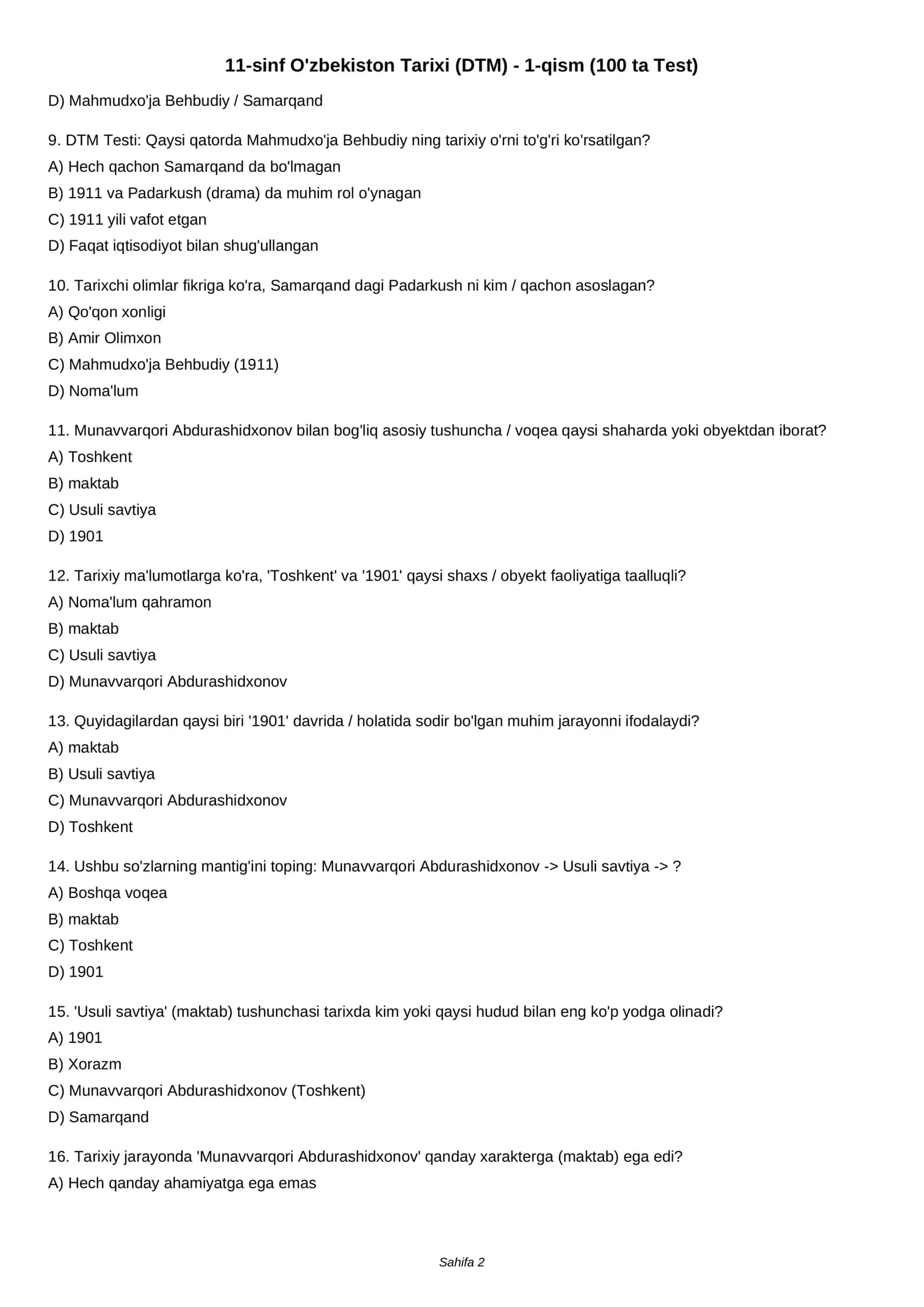 11-sinf O'zbekiston Tarixi (DTM) - 1-qism (100 ta Test) 2