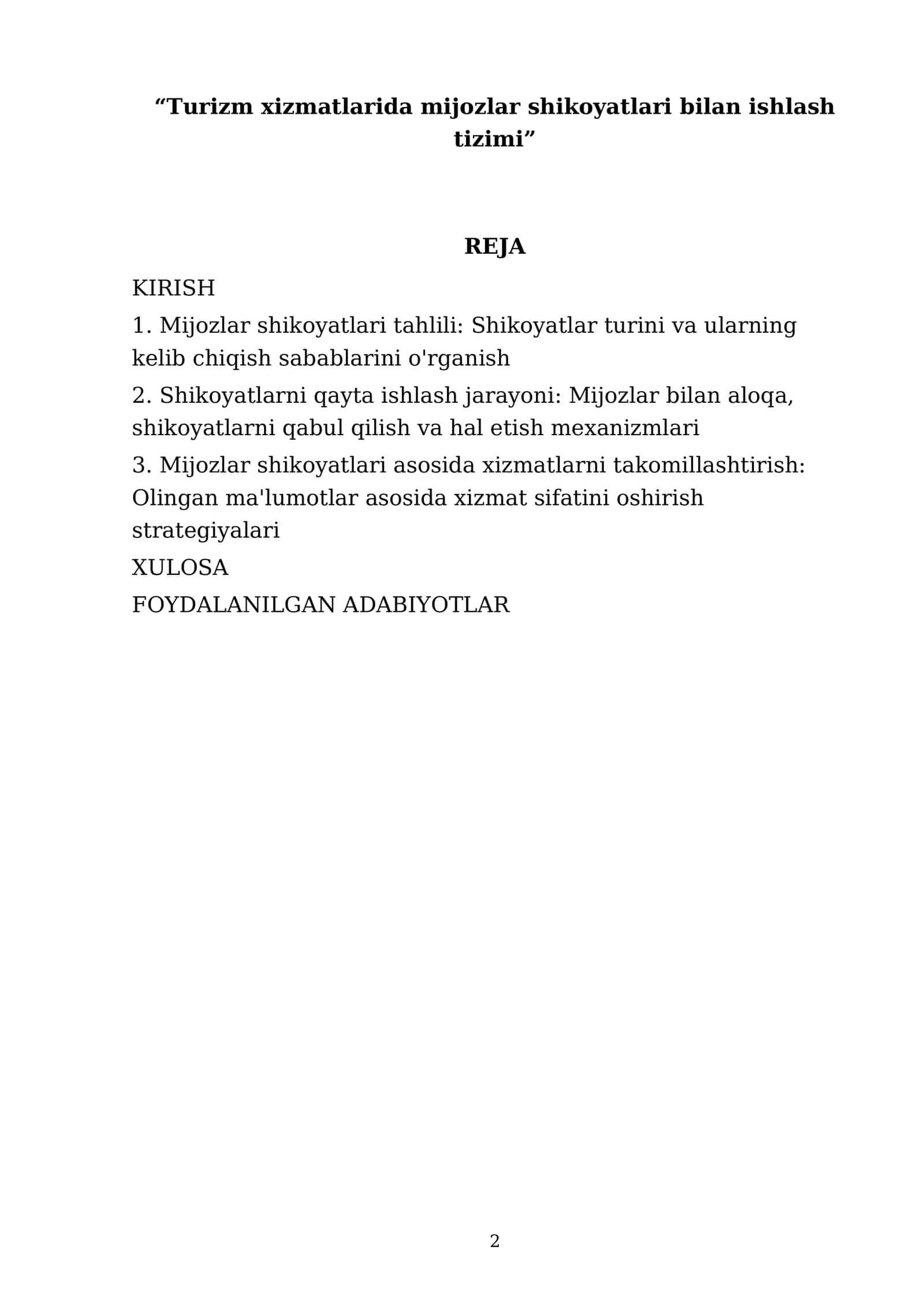 “Turizm xizmatlarida mijozlar shikoyatlari bilan ishlash tizimi” 2