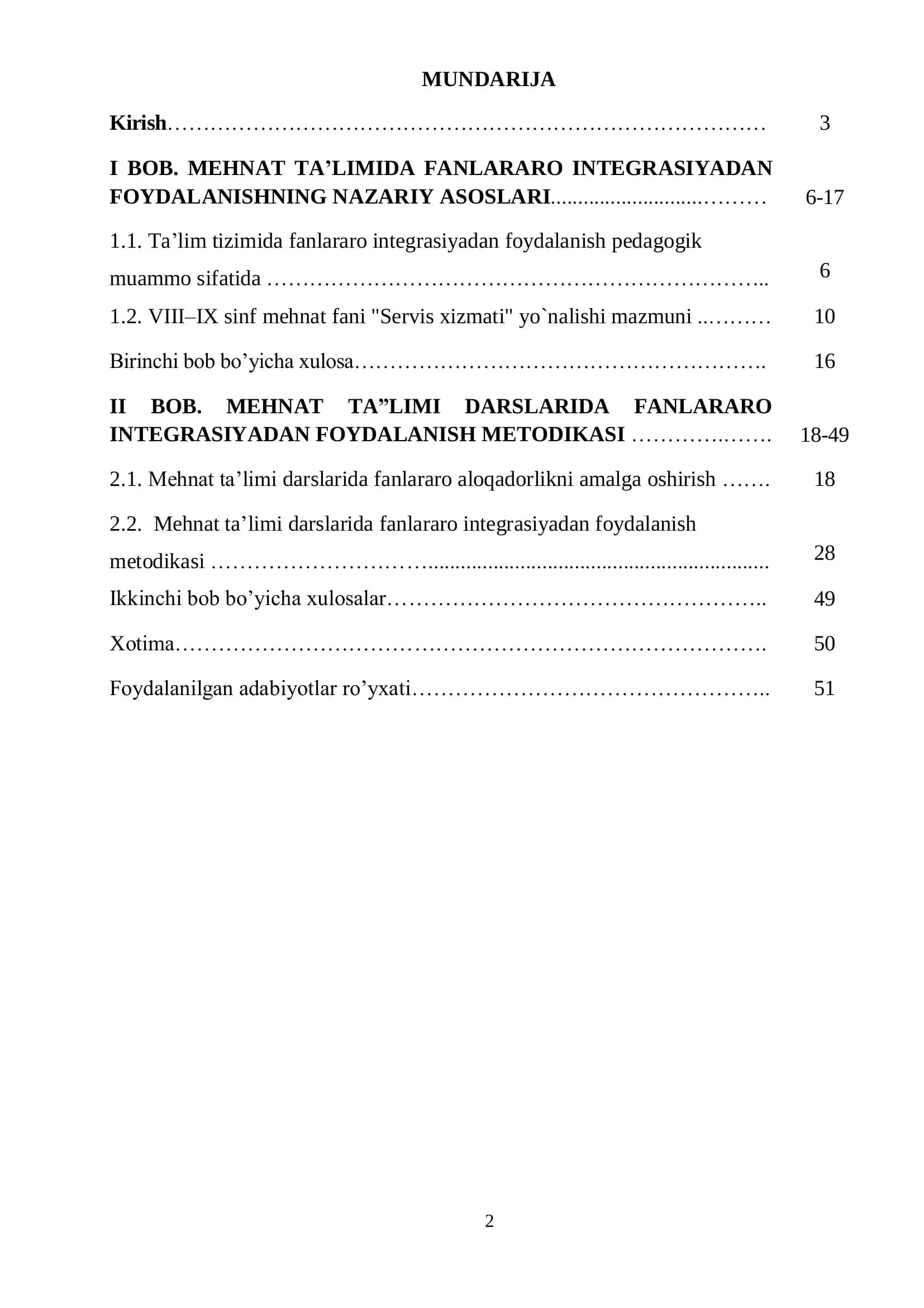 MEHNAT TA’LIMI DARSLARIDA FANLARARO INTEGRASIYADAN FOYDALANISH METODIKASI 2