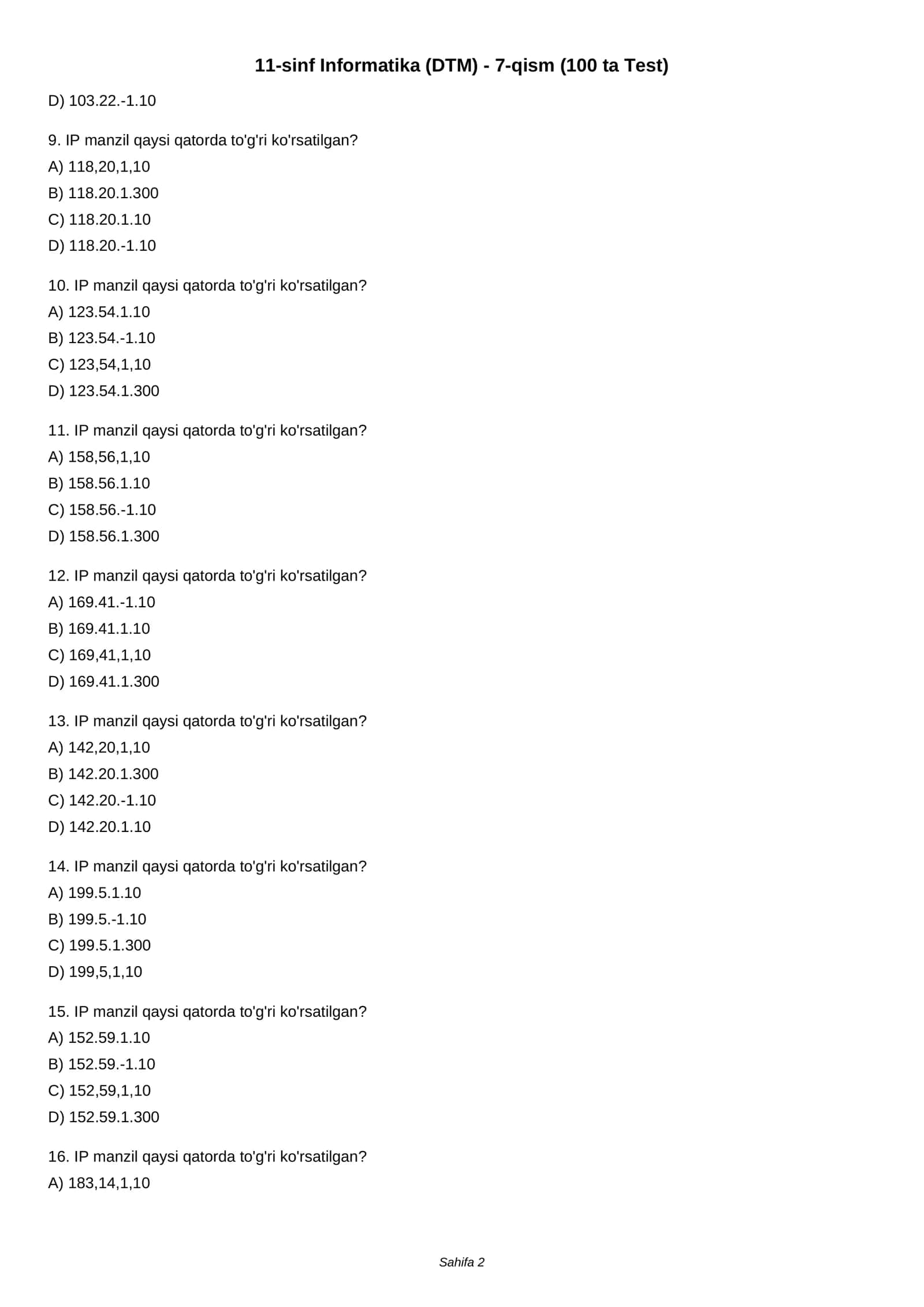 11-sinf Informatika (DTM) - 7-qism (100 ta Test) 2