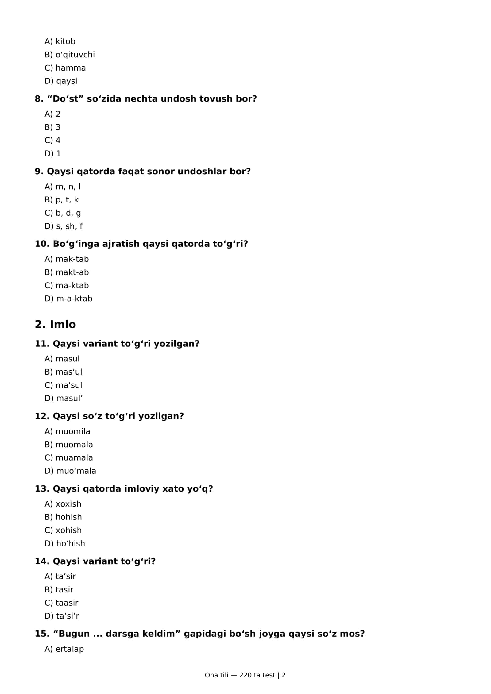 Ona tili fanidan 200+ testlar — Milliy sertifikatga tayyorgarlik 2