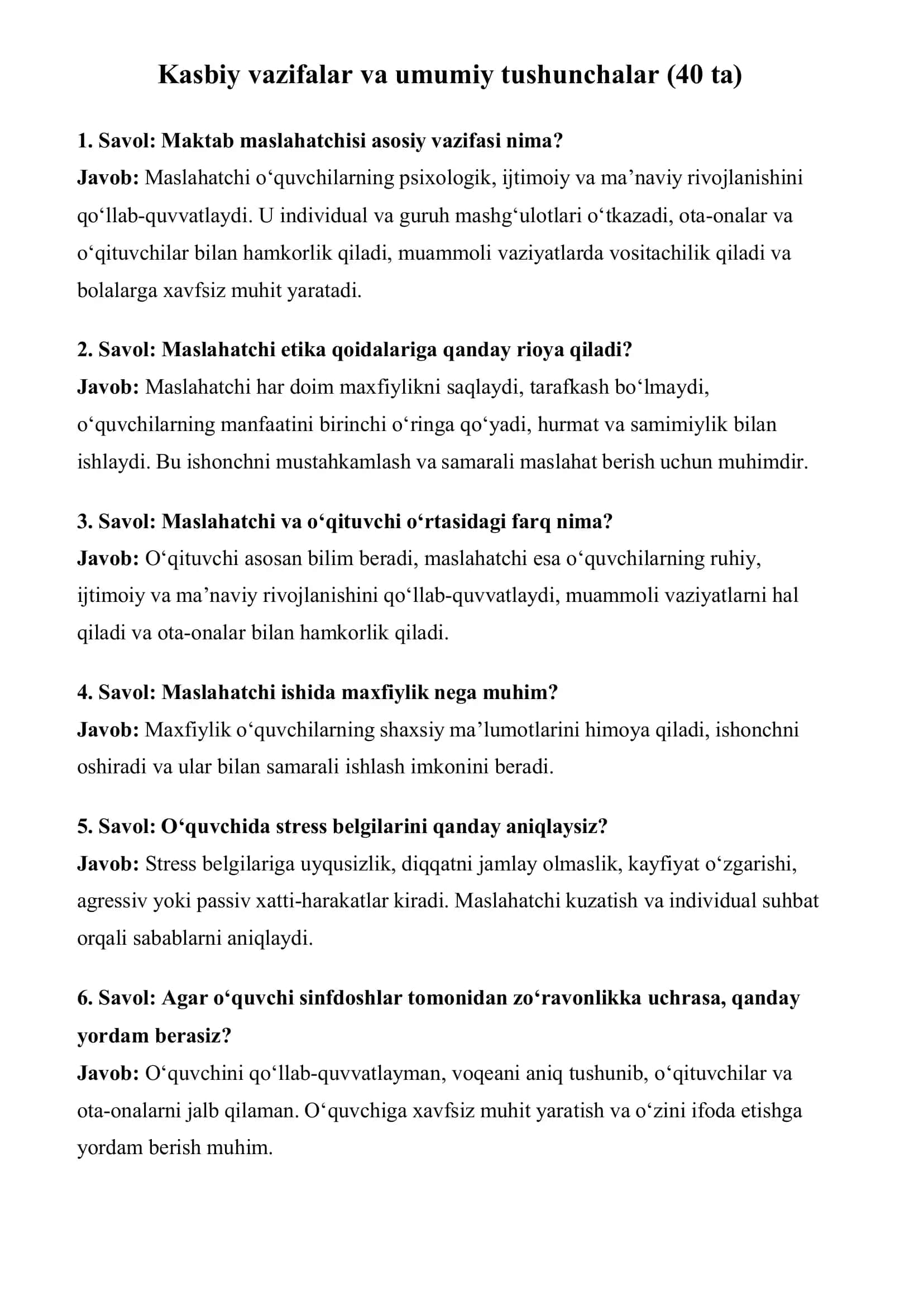 Maktab maslahatchisiga nomzodlar uchun Sotuvdagi suhbat savollari 2
