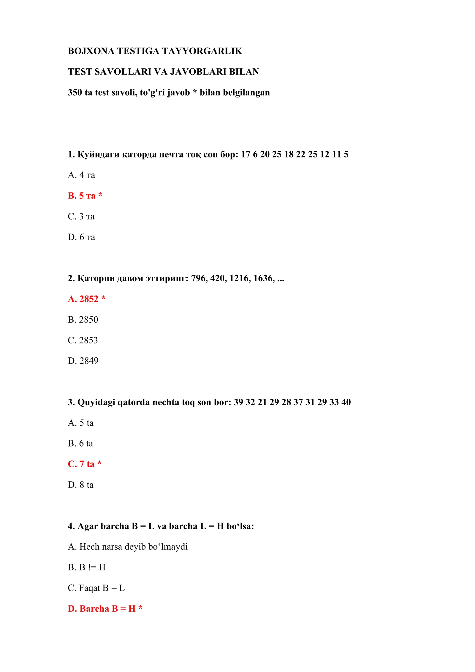 BOJXONA TESTIGA TAYYORGARLIK TEST SAVOLLARI VA JAVOBLARI BILAN 2