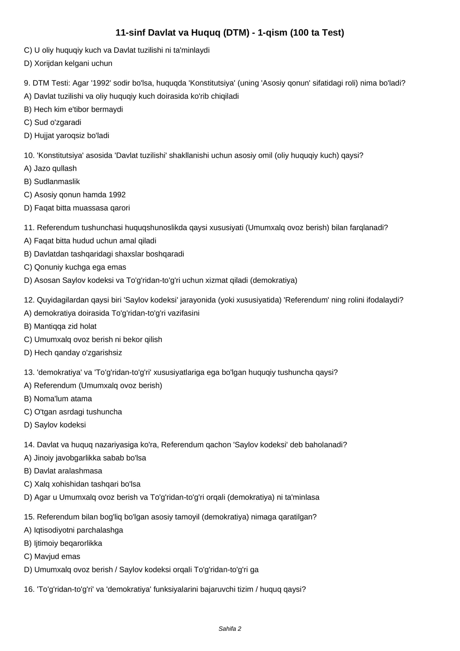 11-sinf Davlat va Huquq (DTM) - 1-qism (100 ta Test) 2