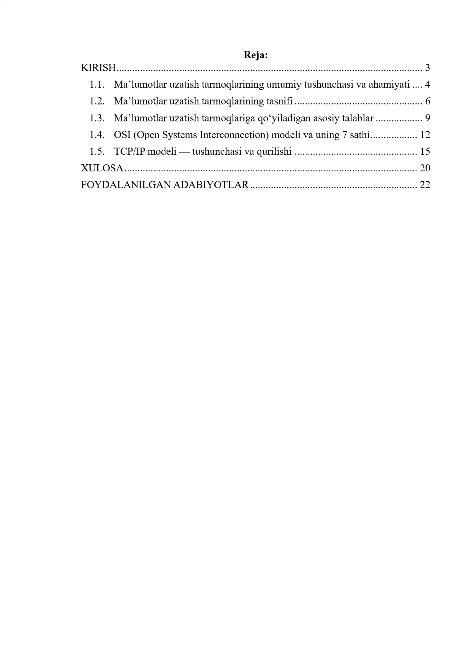 Ma’lumotlar uzatish tarmoqlarini tasniflanishi va ularga qo‘yiladigan talablar. OSI va TCP/IP tarmoq modellari 2