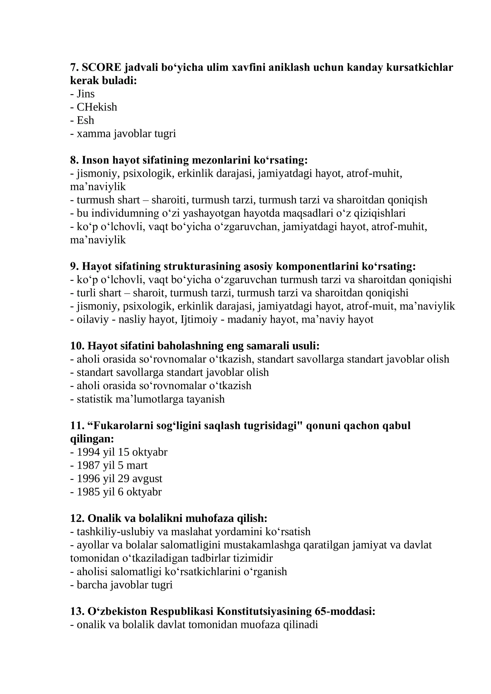 Valeologiya mutaxassisligi bo’yicha shakllantirilgan test savollari ro’yxati 2