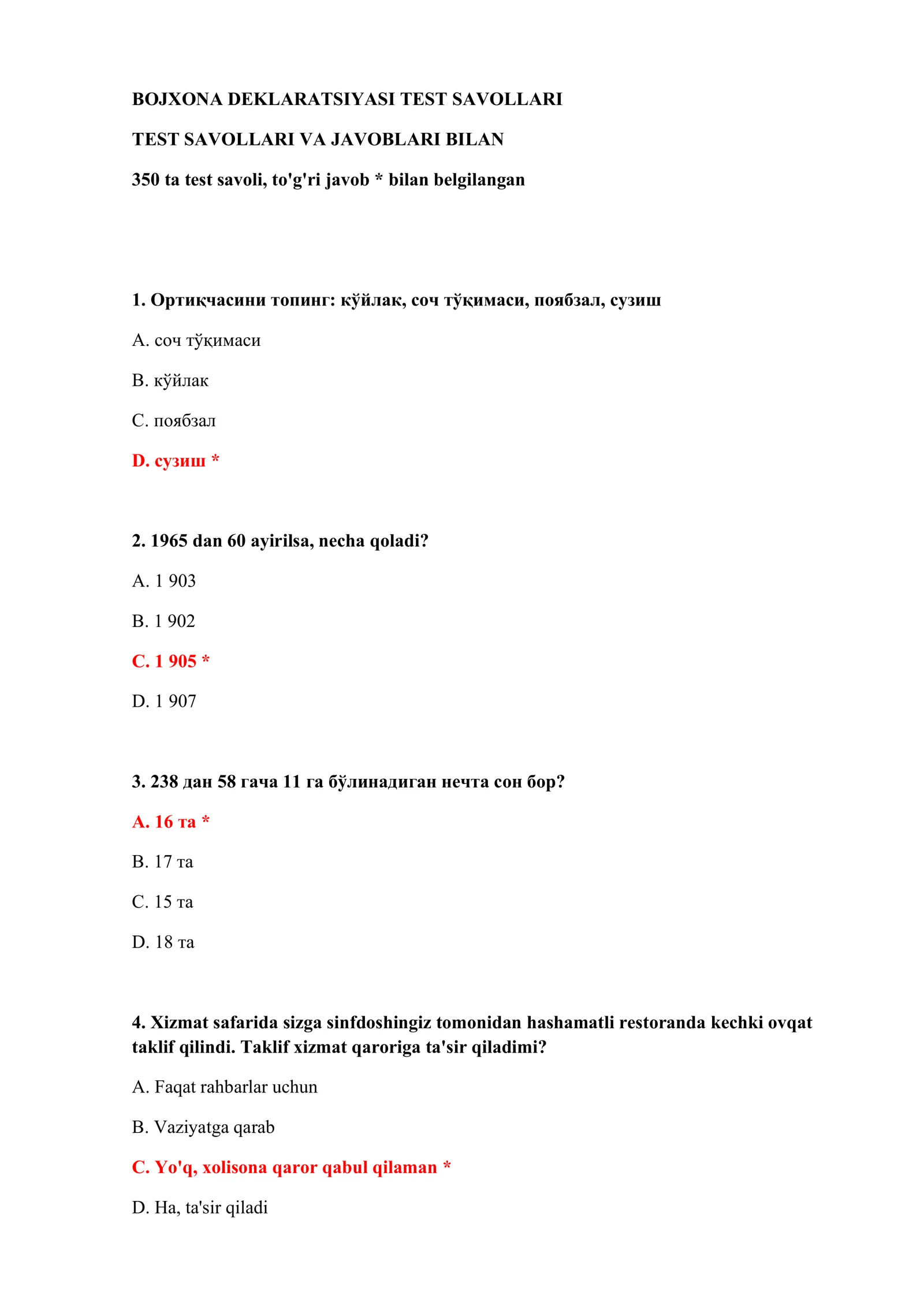 BOJXONA DEKLARATSIYASI TEST SAVOLLARI 2