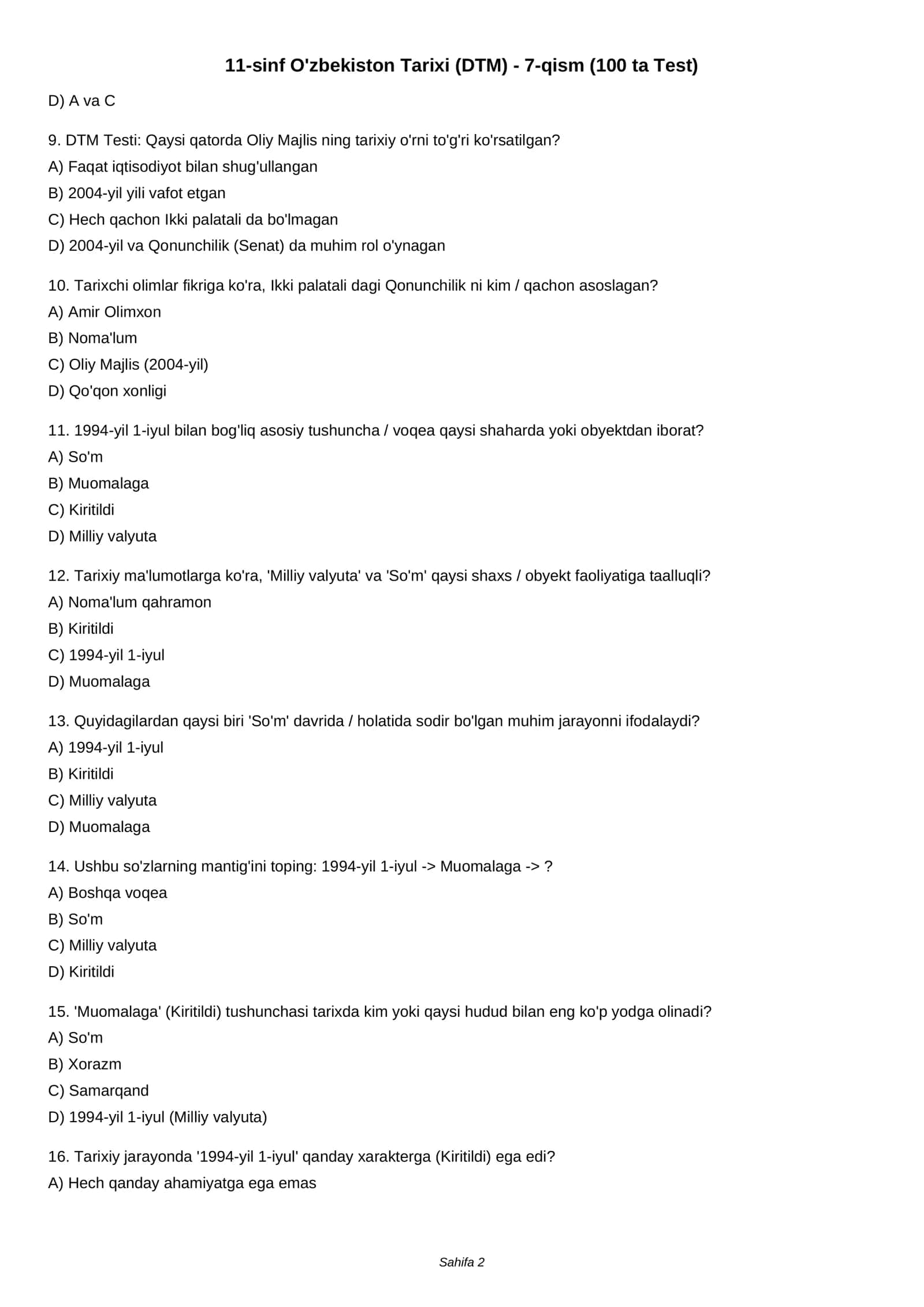 11-sinf O'zbekiston Tarixi (DTM) - 7-qism (100 ta Test) 2