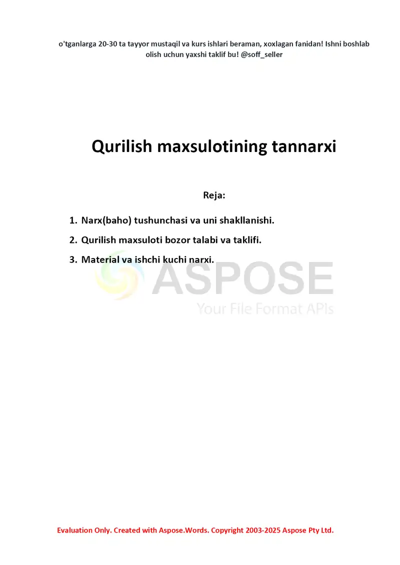 Qurilish mahsulotining tannarxi 2
