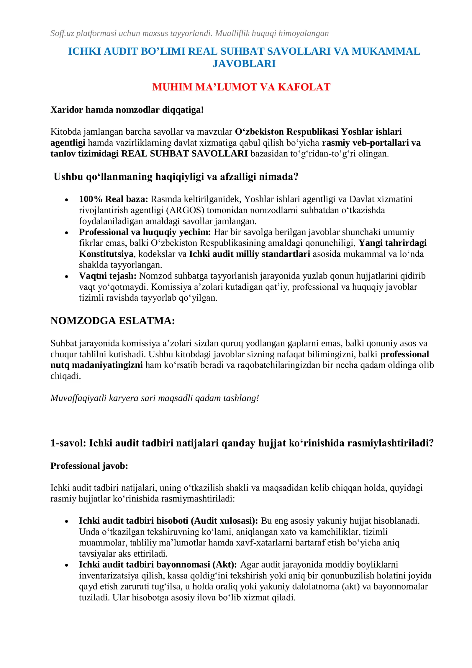 ICHKI AUDIT BO'LIMI REAL SUHBAT SAVOLLARI VA MUKAMMAL JAVOBLARI 2026 YIL 2
