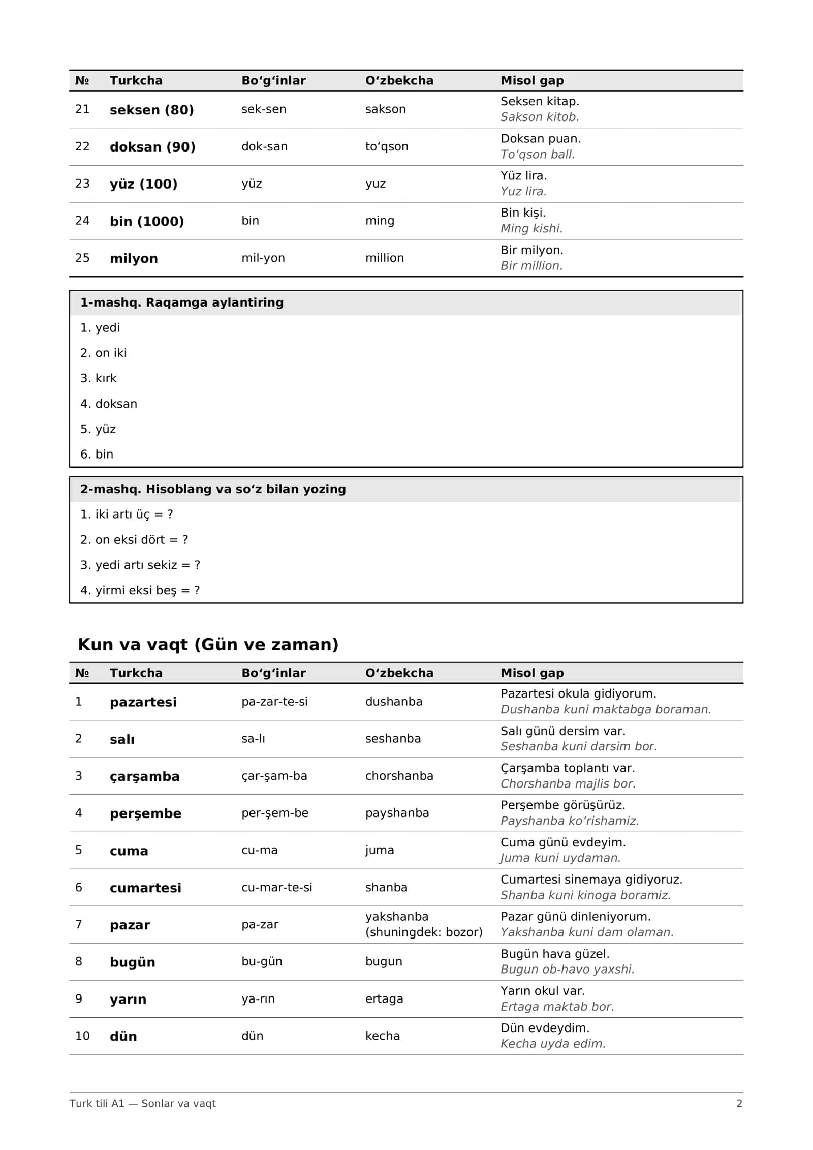 Sonlar va vaqt: A1 mini lug'at, 50 so'z + mashqlar (PDF) 2