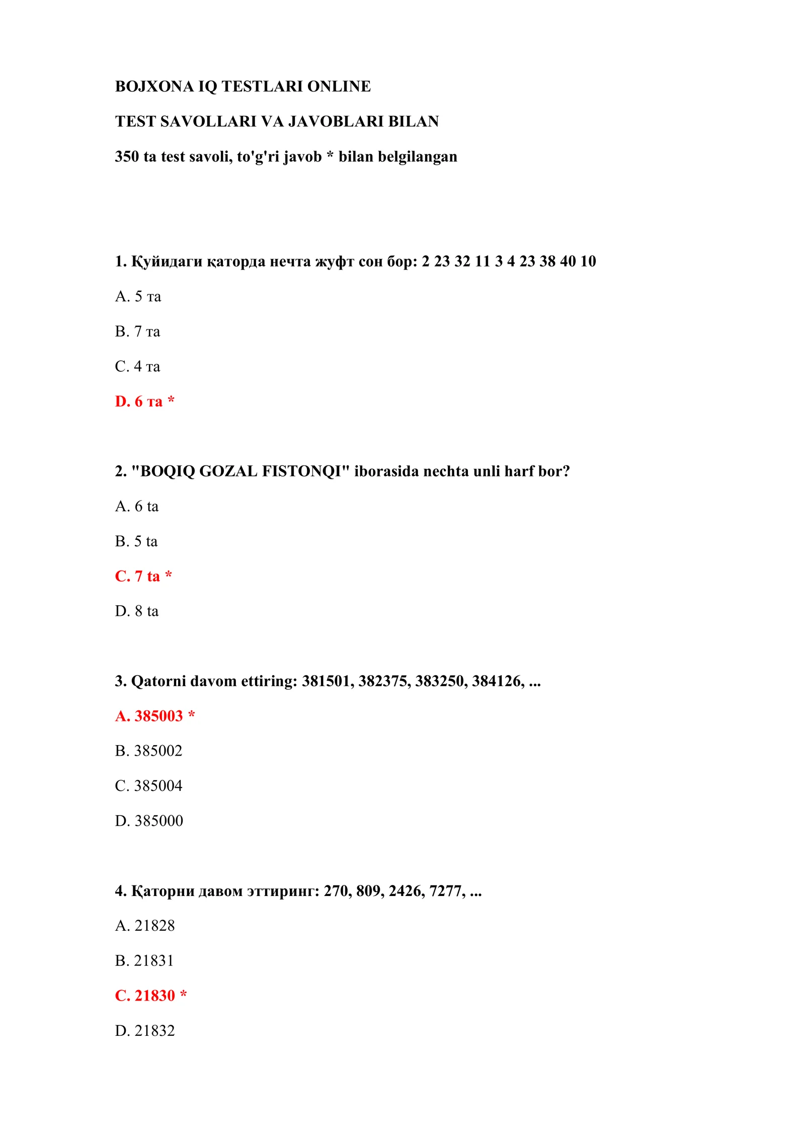 BOJXONA IQ TESTLARI ONLINE 2