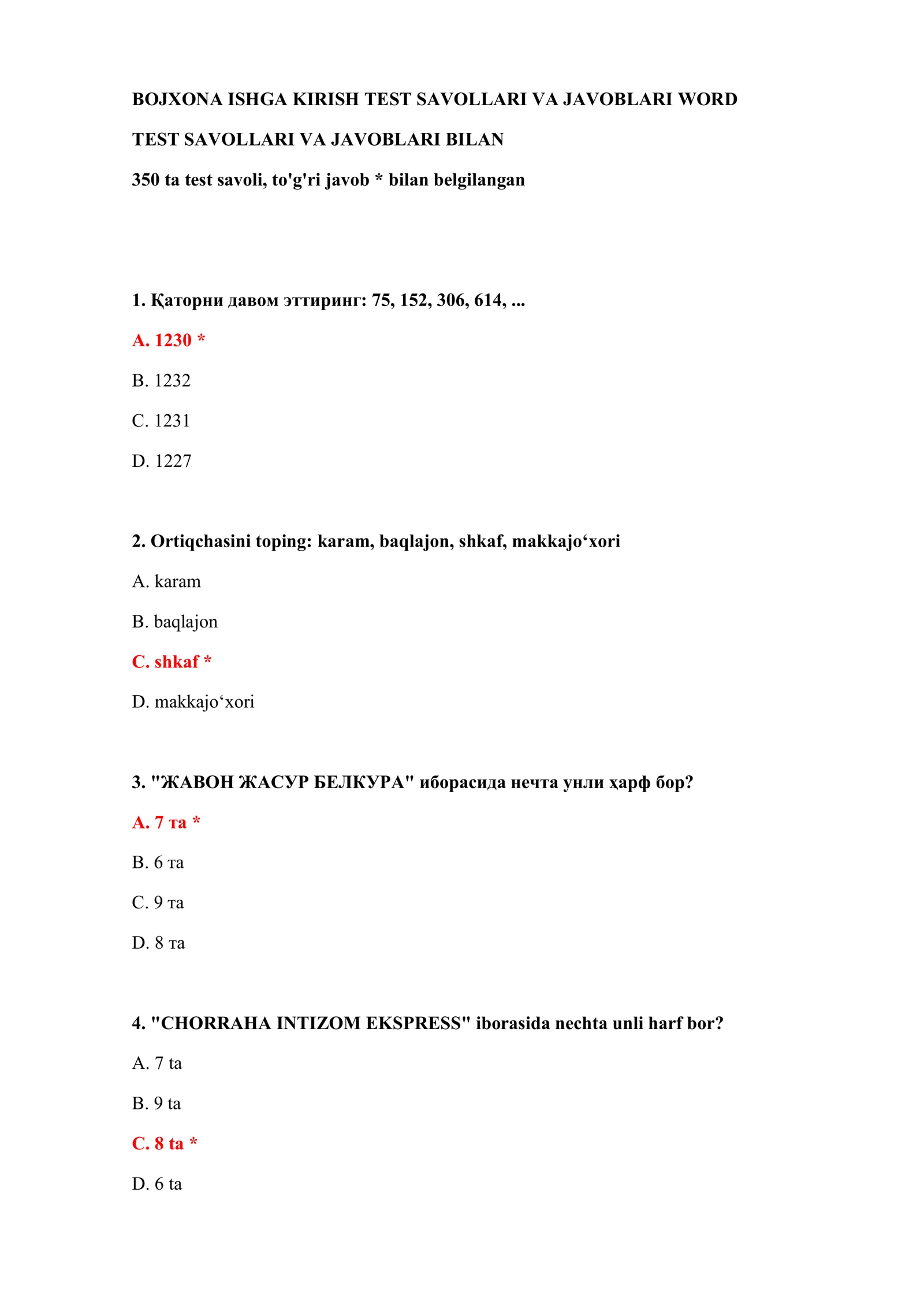 BOJXONA ISHGA KIRISH TEST SAVOLLARI VA JAVOBLARI WORD 2