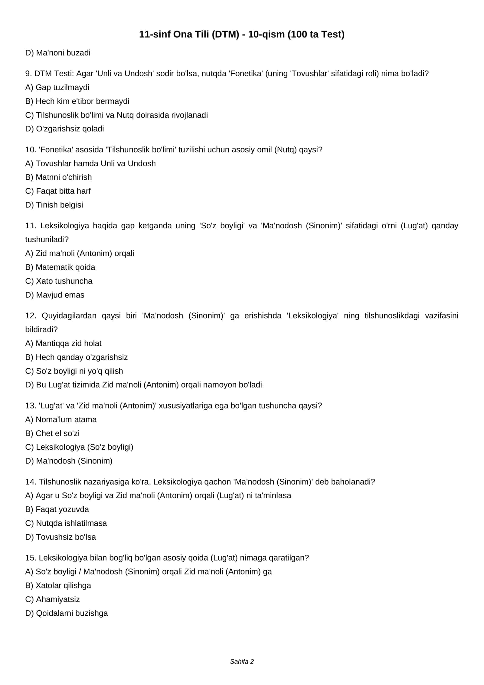 11-sinf Ona Tili (DTM) - 10-qism (100 ta Test) 2