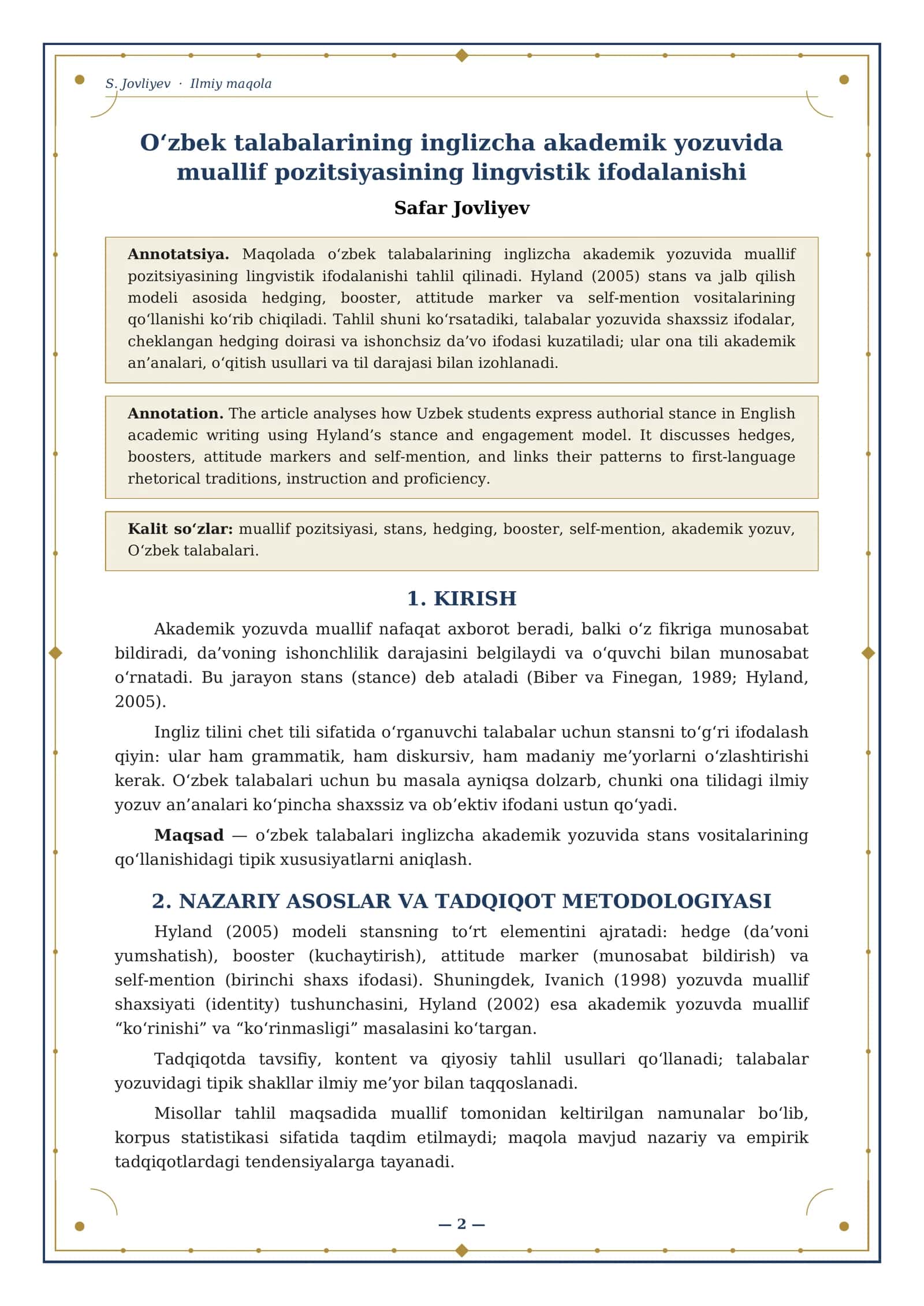 O‘zbek Talabalarining Inglizcha Akademik Yozuvida Muallif Pozitsiyasining Lingvistik Ifodalanishi 2