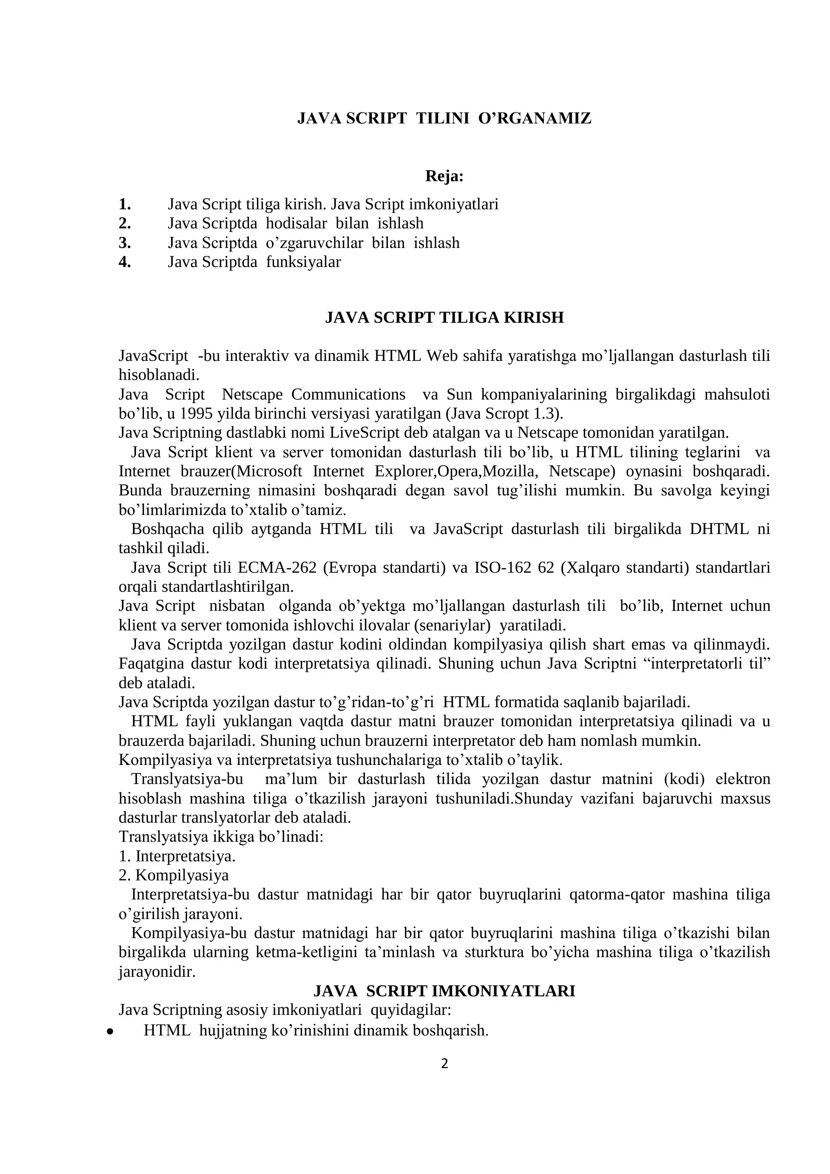 JAVA SCRIPT TILINI O‟RGANAMIZ 2