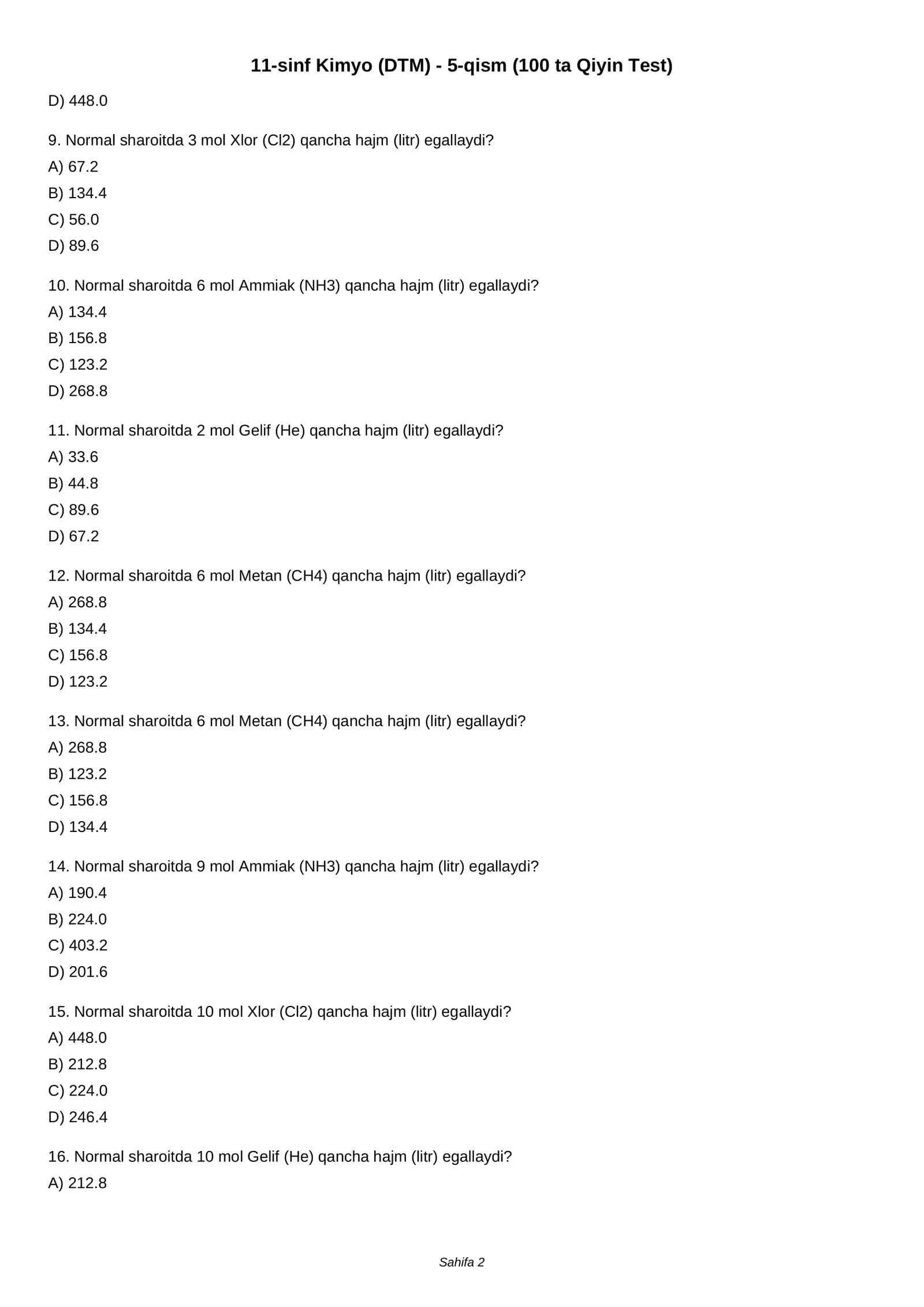 11-sinf Kimyo (DTM) - 5-qism (100 ta Qiyin Test) 2