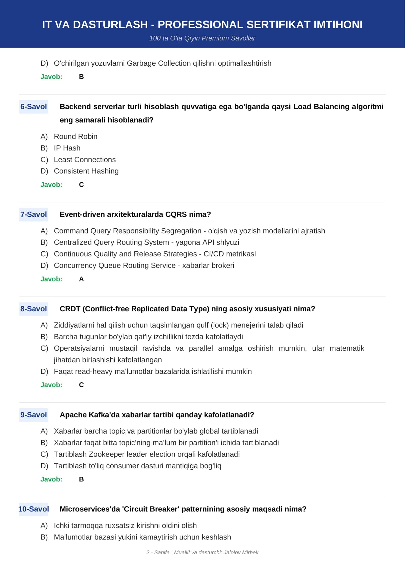 IT VA DASTURLASH - PROFESSIONAL SERTIFIKAT IMTIHONI 2