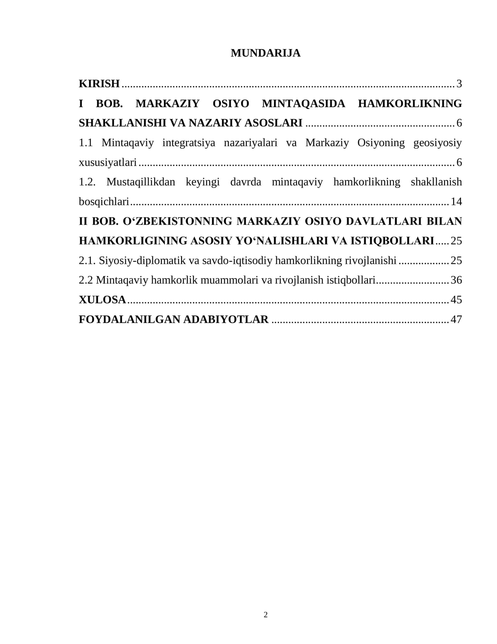 O‘zbekistoning Markaziy osiyo davlatlari bilan o‘zaro hamkorligi 2