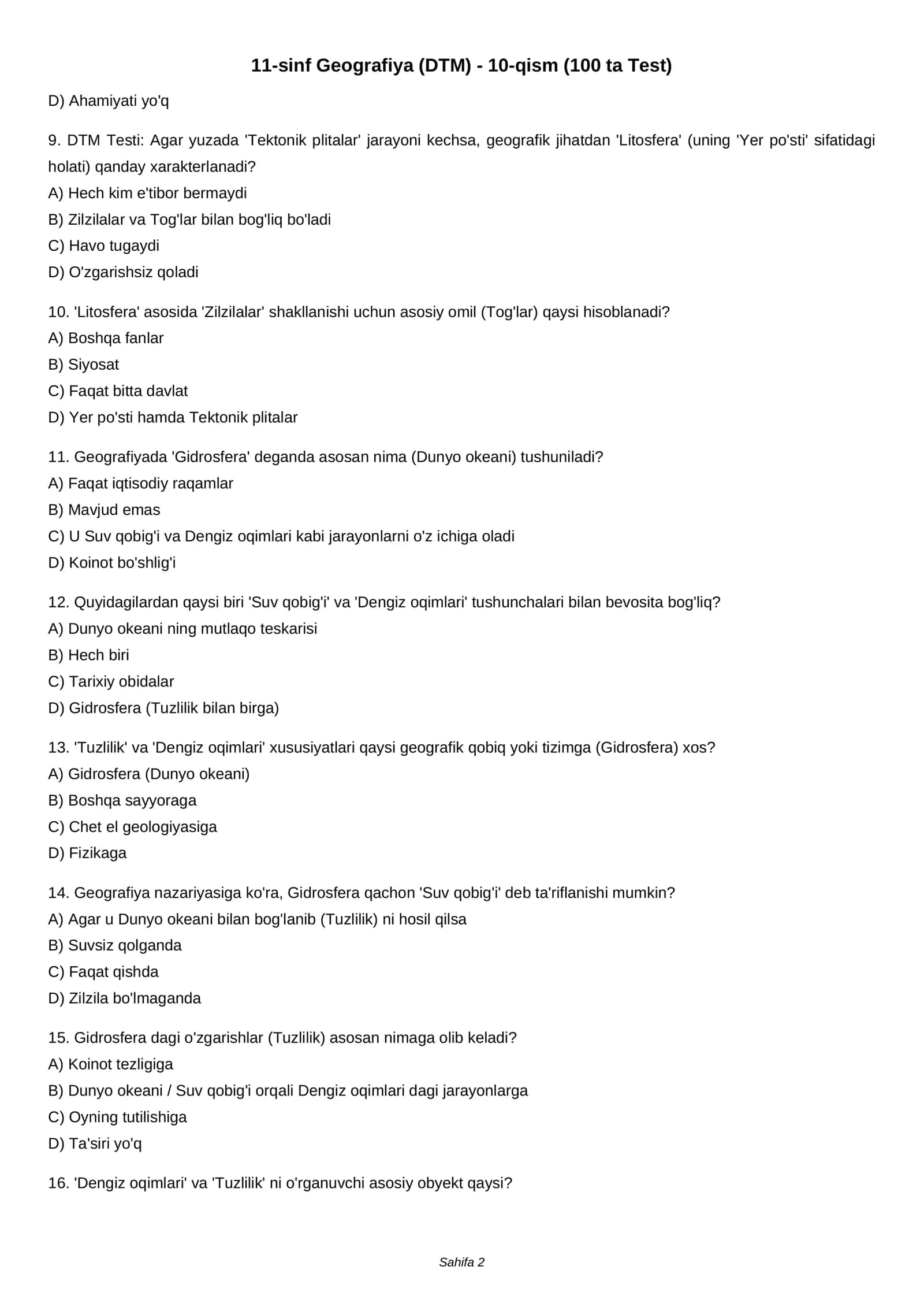 11-sinf Geografiya (DTM) - 10-qism (100 ta Test) 2