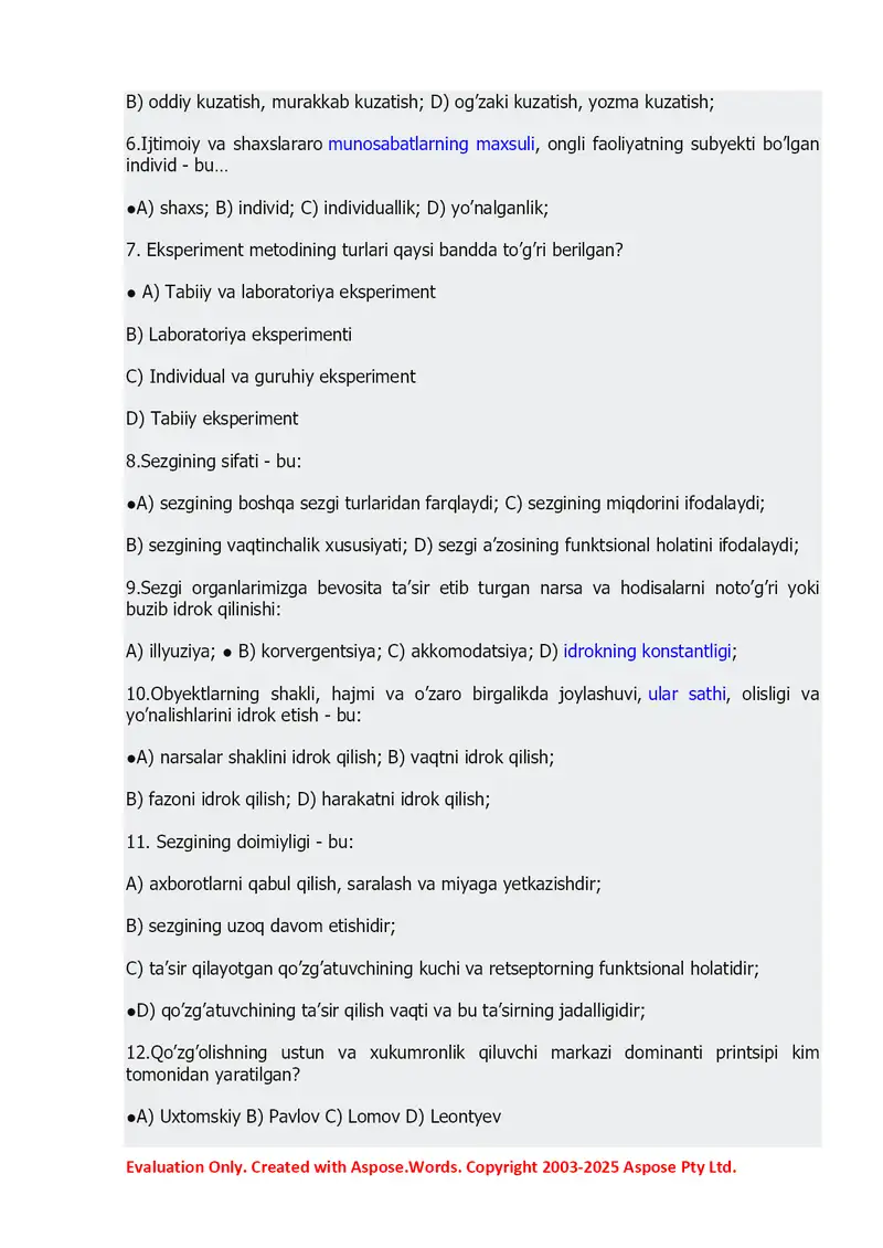 Psixologiya faniga oid test savollari to‘plami 2
