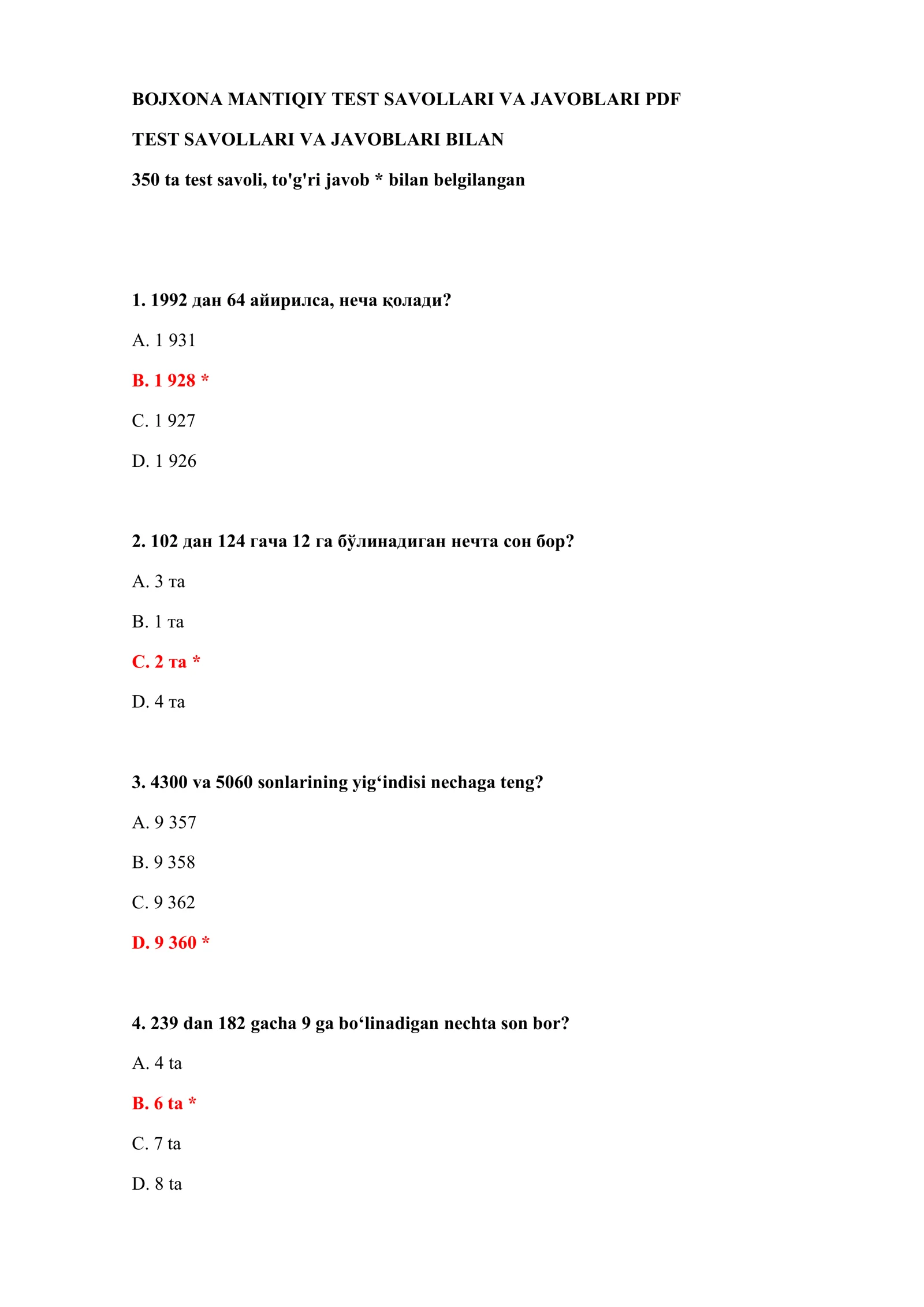 BOJXONA MANTIQIY TEST SAVOLLARI VA JAVOBLARI PDF 2