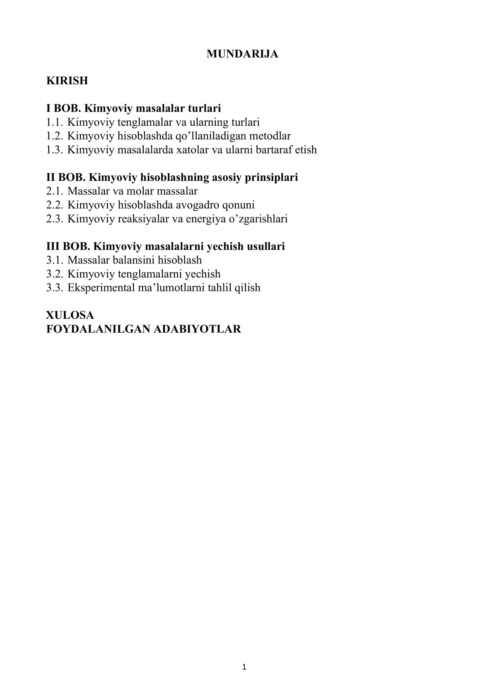 KIMYOVIY XISOBLASH FANIDAN TAYYORLAGAN KURS ISHI 2