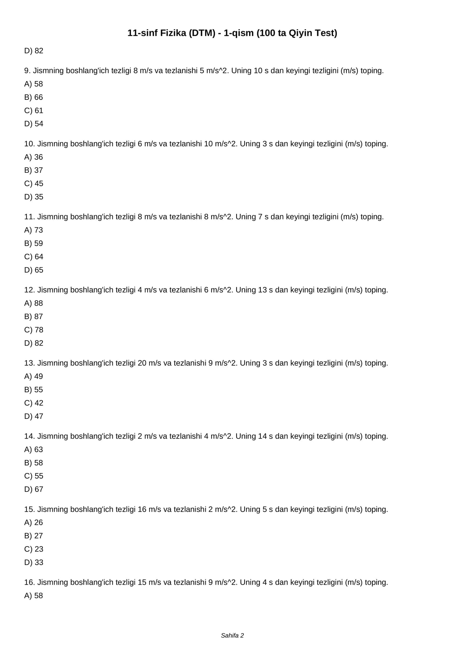 11-sinf Fizika (DTM) - 1-qism (100 ta Qiyin Test) 2
