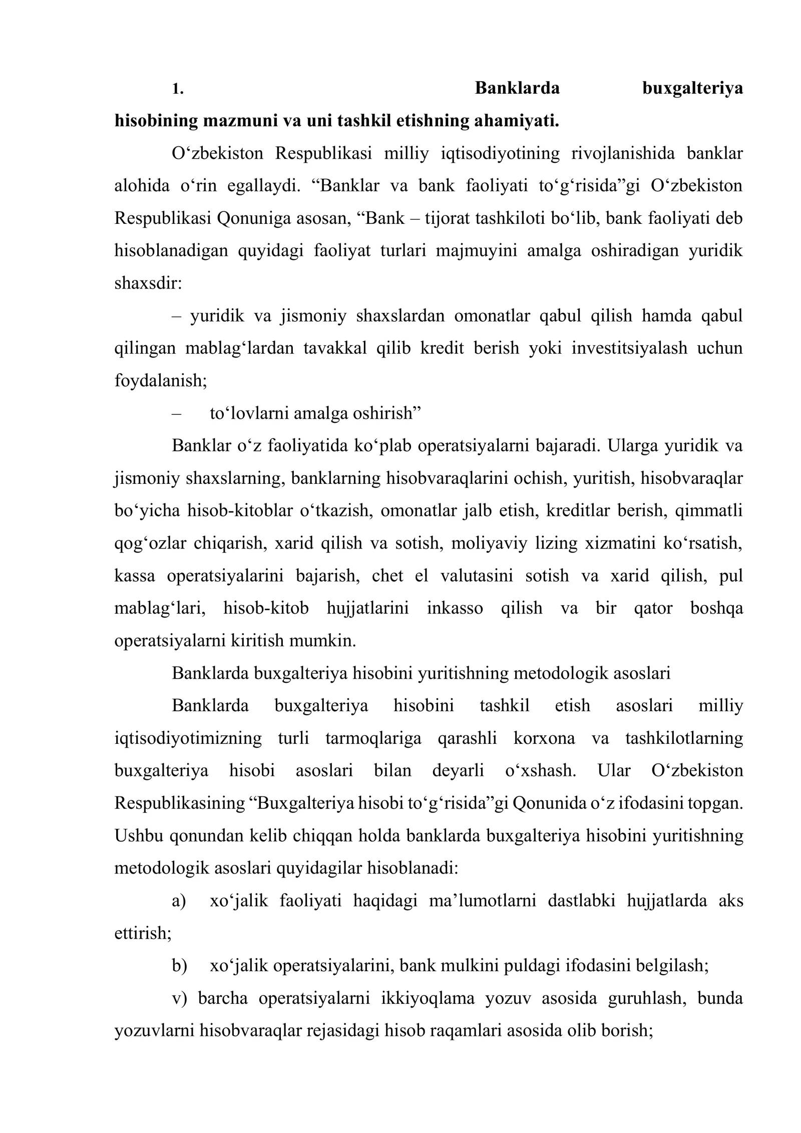 Banklarda buxgalteriya hisobining mazmuni va uni tashkil etishning ahamiyati 2