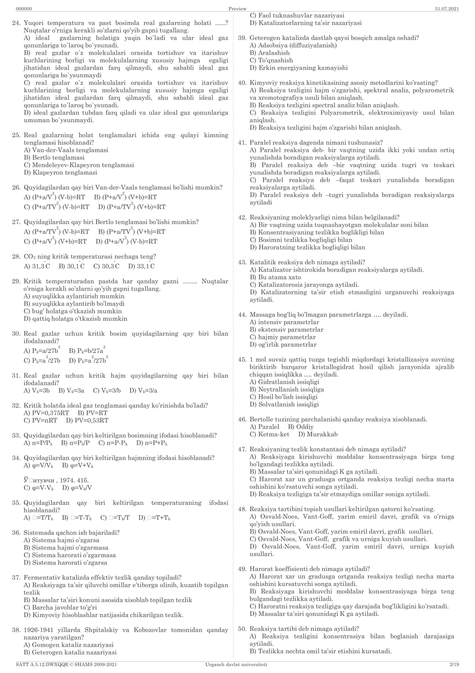 M.V.Lomonosovning Kimyo fanlarini o`rganishga oid test savollari 2
