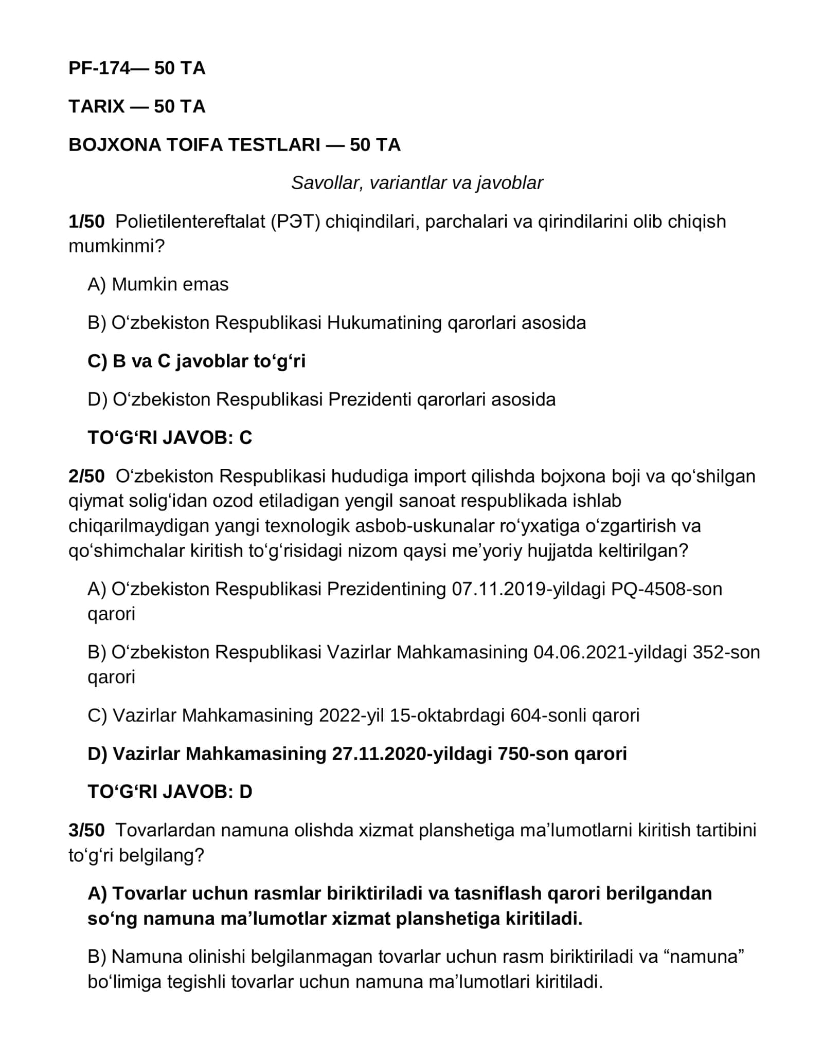 Bojxona toifa test savollari va javoblari — 150 ta. TO'PLAMI.pdf 2