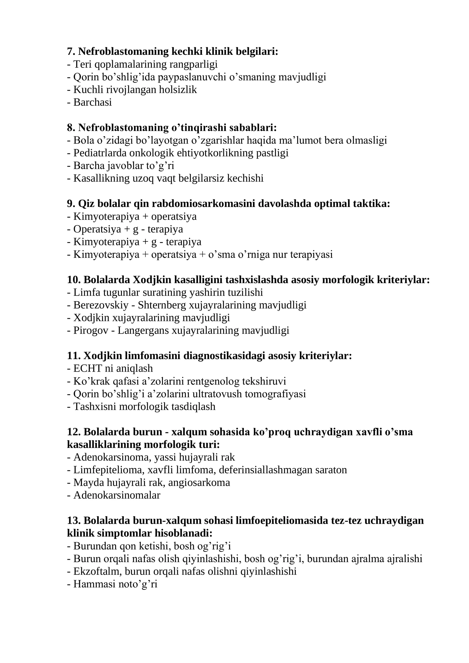 Bolalar onkoxirurgiyasi mutaxassisligi bo’yicha shakllantirilgan test savollari ro’yxati 2026 2