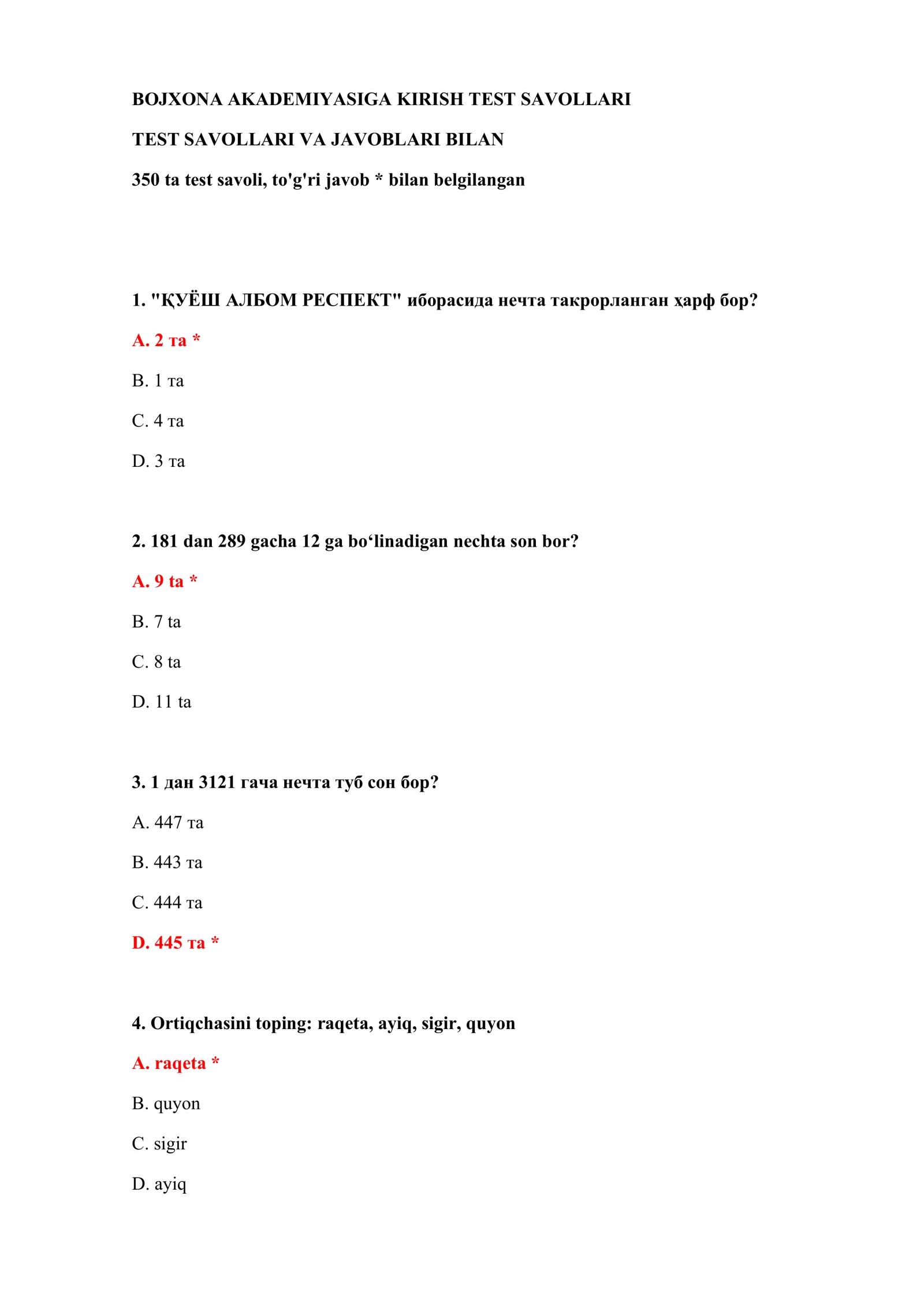 BOJXONA AKADEMIYASIGA KIRISH TEST SAVOLLARI 2
