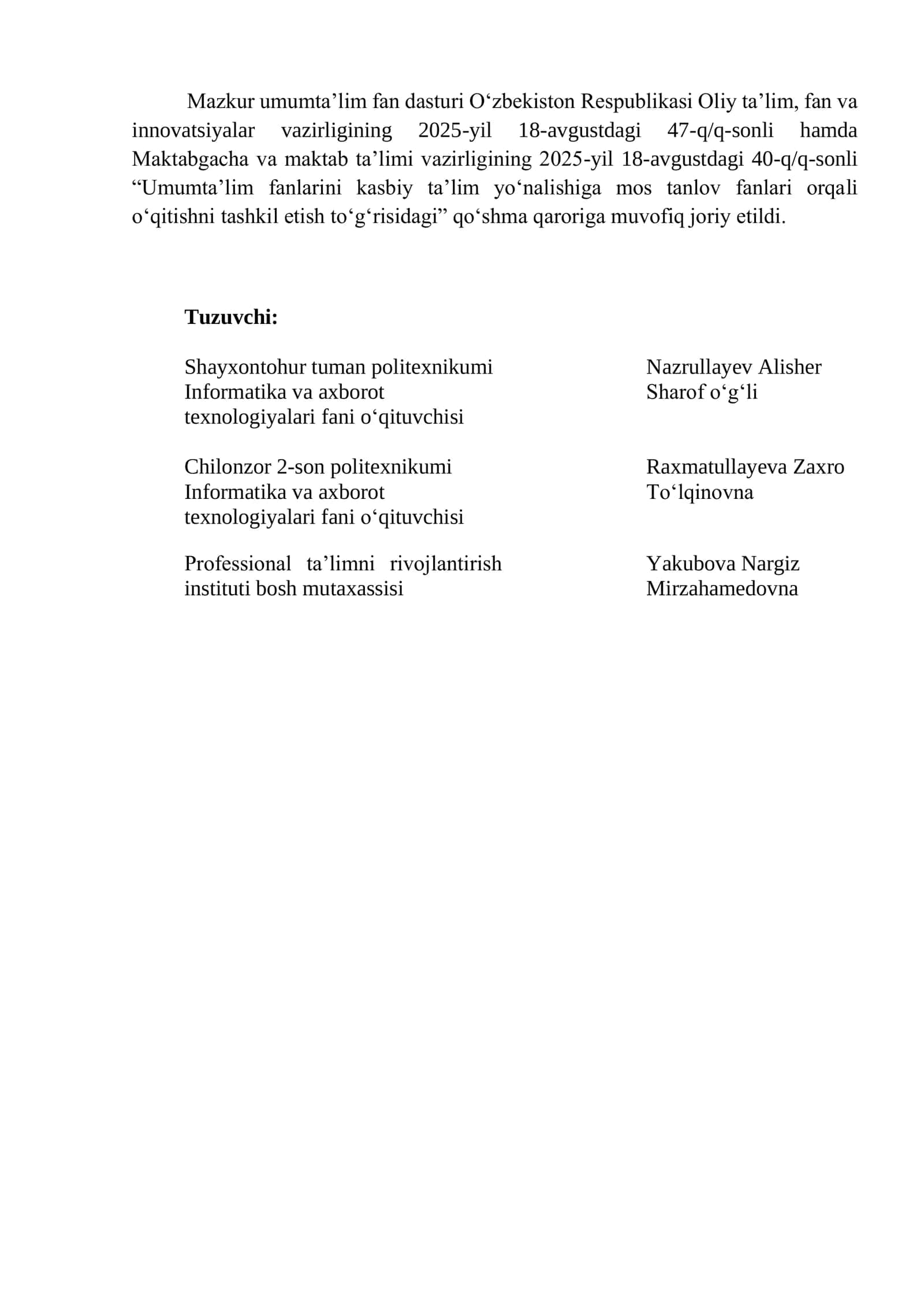 Informatika va AT 120 soatlik toplam(Texnikumlar uchun) 2