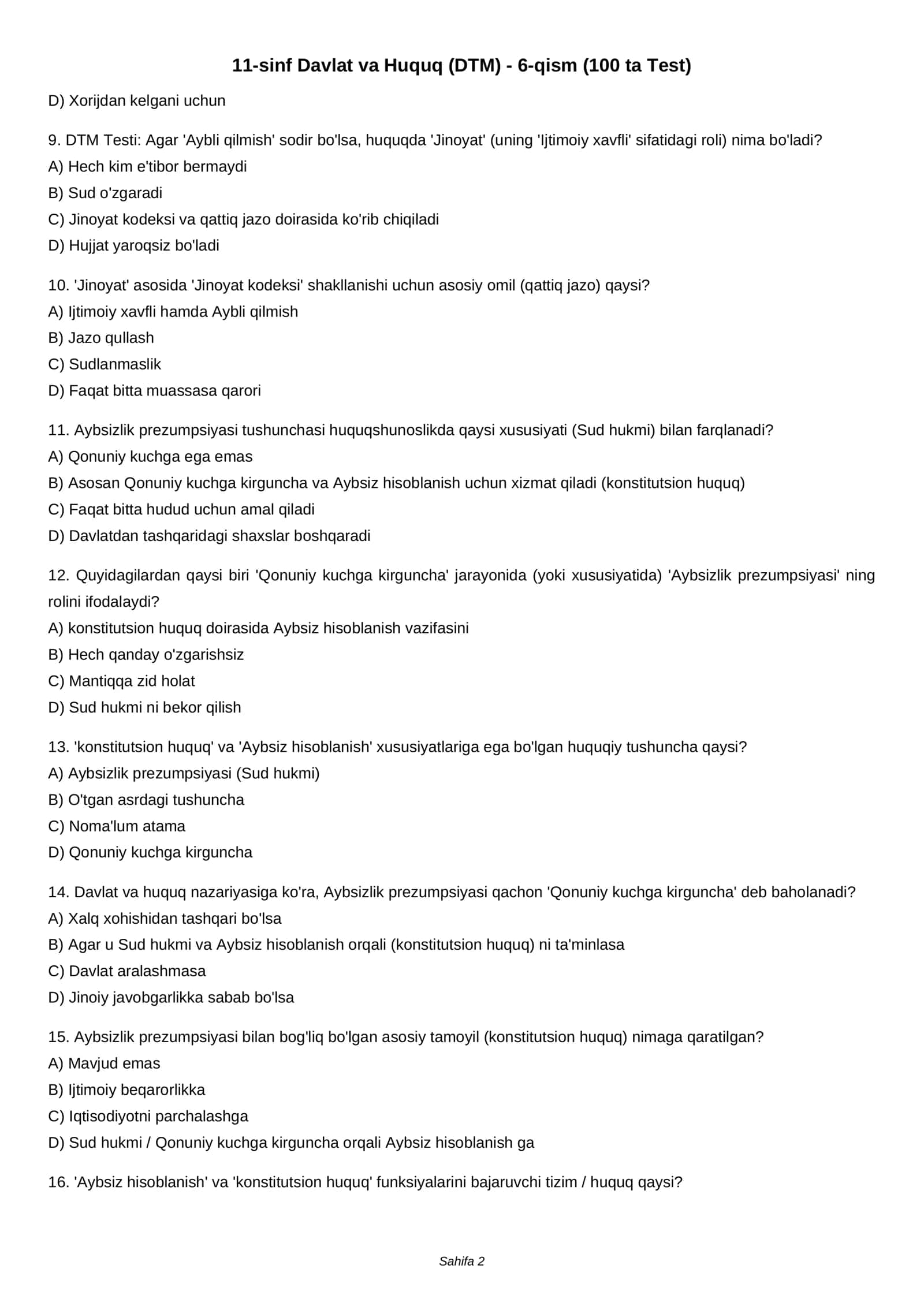 11-sinf Davlat va Huquq (DTM) - 6-qism (100 ta Test) 2
