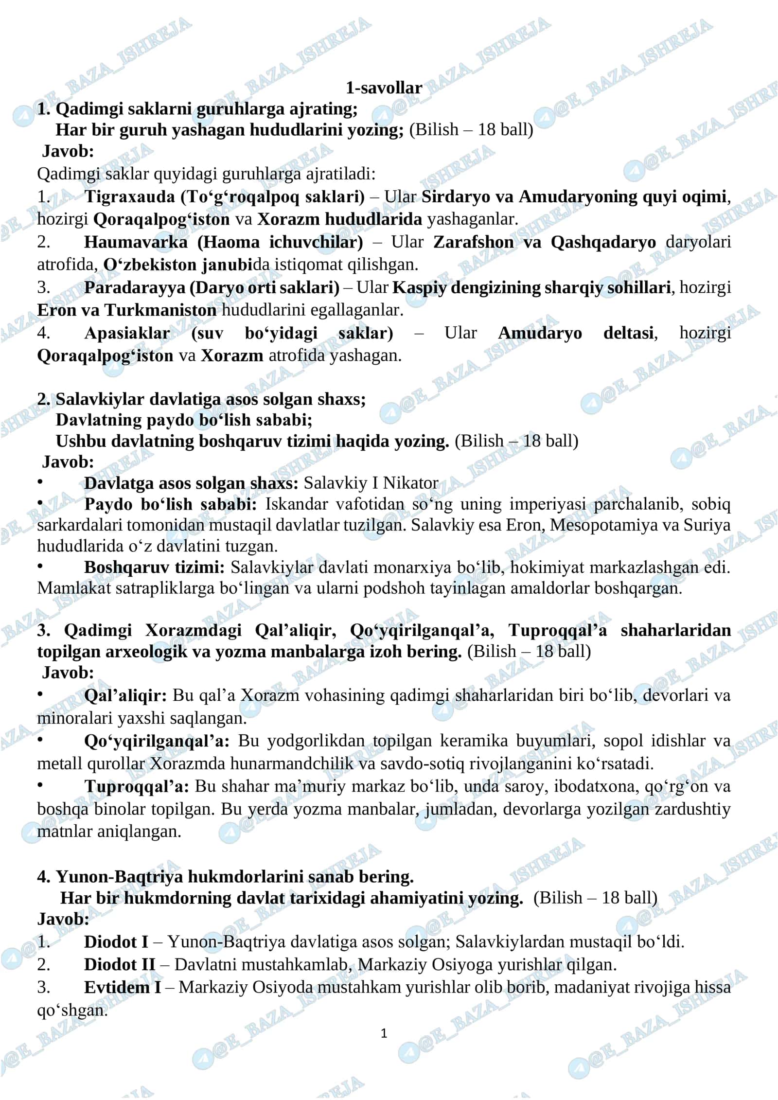 O‘zbekiston tarixi fanidan yakuniy attestatsiyasini javoblari 2