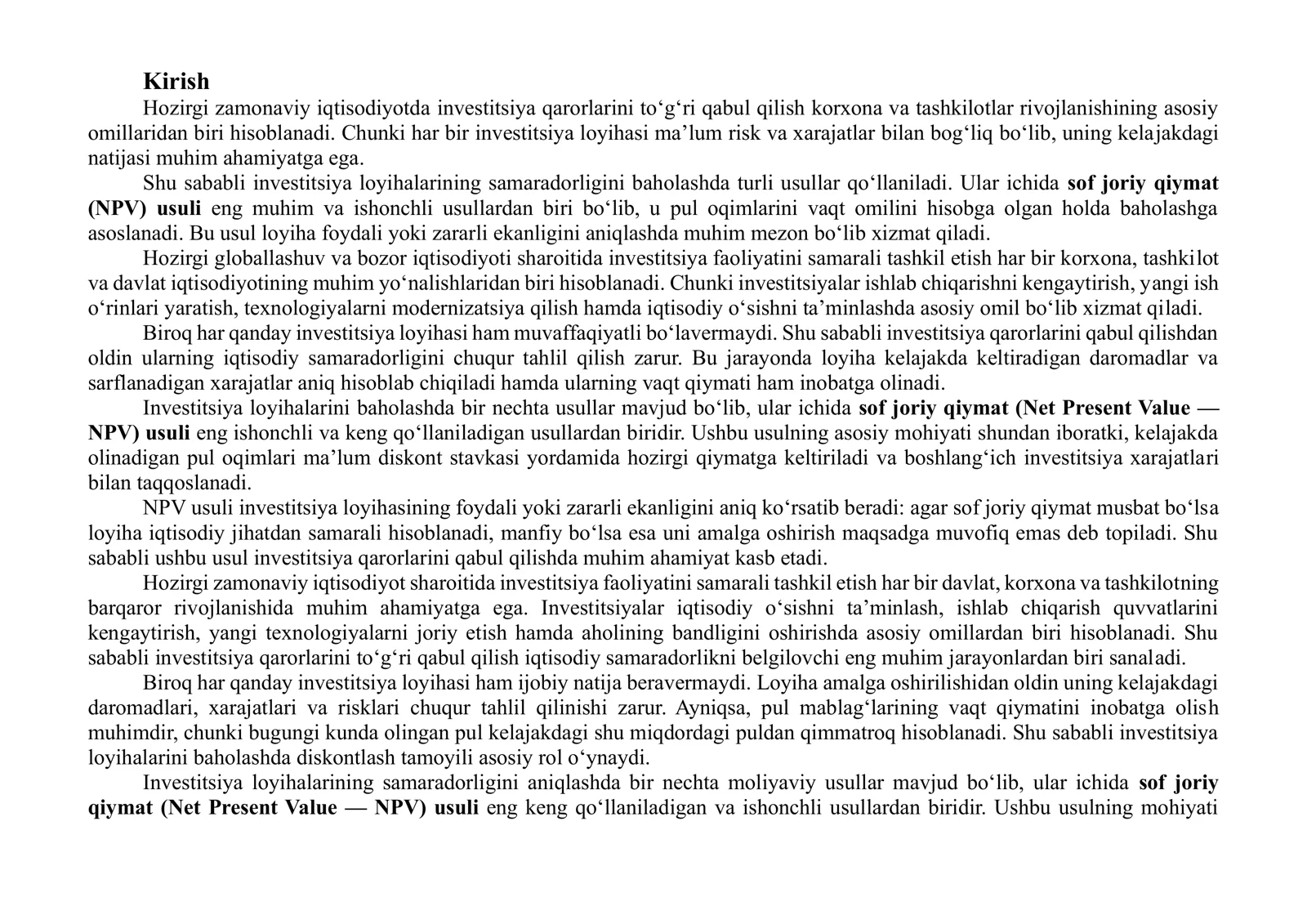 Sof joriy qiymat (NPV) usuli 2