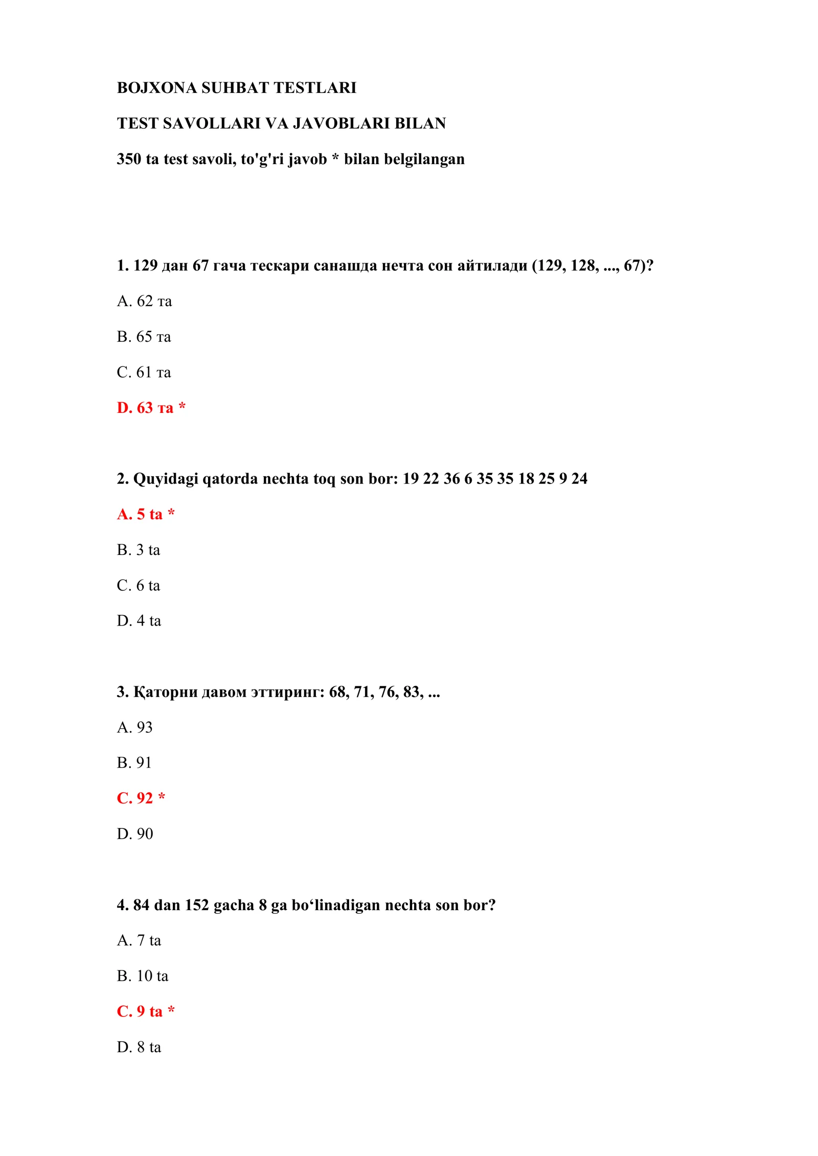 BOJXONA SUHBAT TESTLARI 2