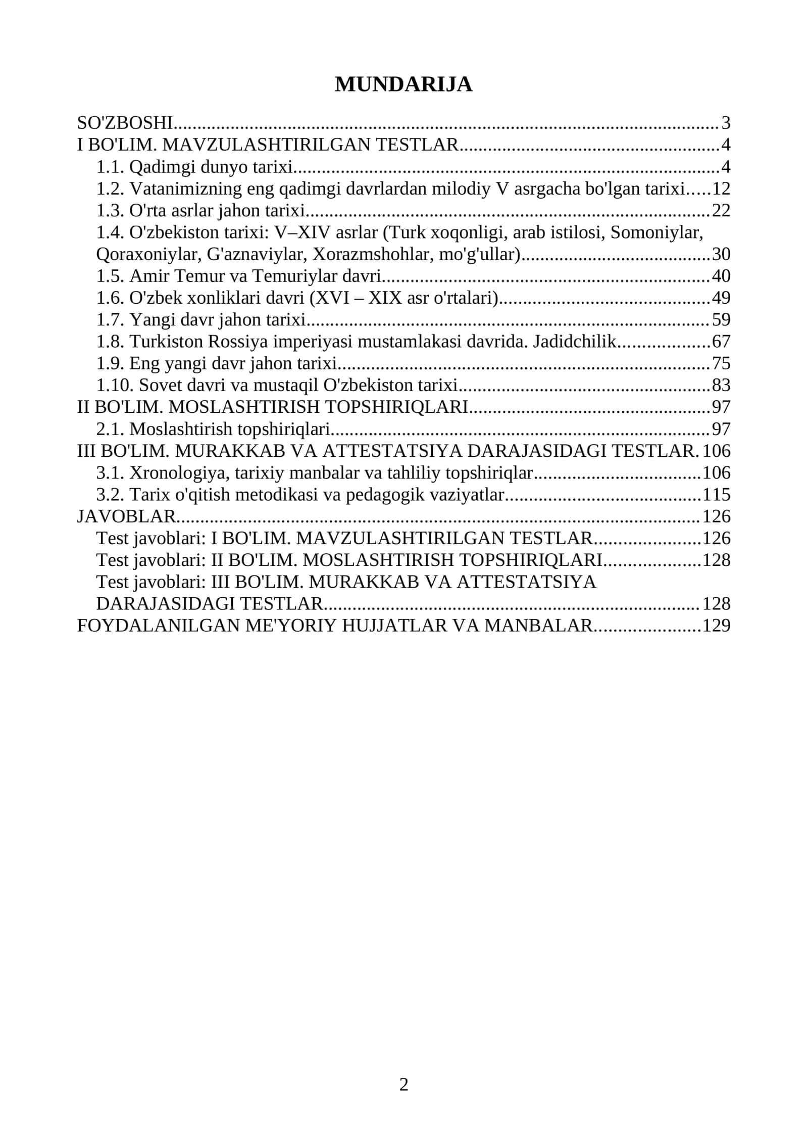 Tarix fanidan Milliy sertifikat va Attestatsiya savollari. 1000 ta saralangan test va javoblari. 2026-2027 o'quv yili uchun 2