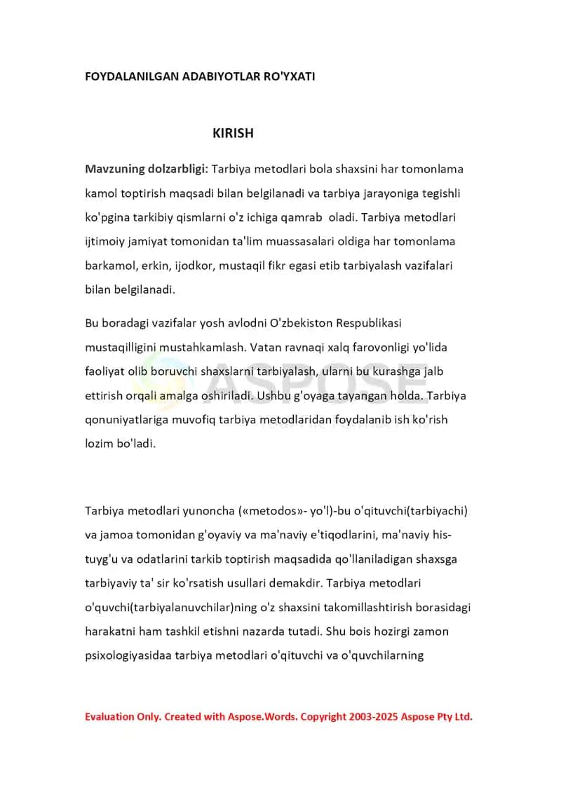 Kurs ishi: Maktabgacha yoshdagi bolalarni tarbiyalashning mazmun va metodlari 2