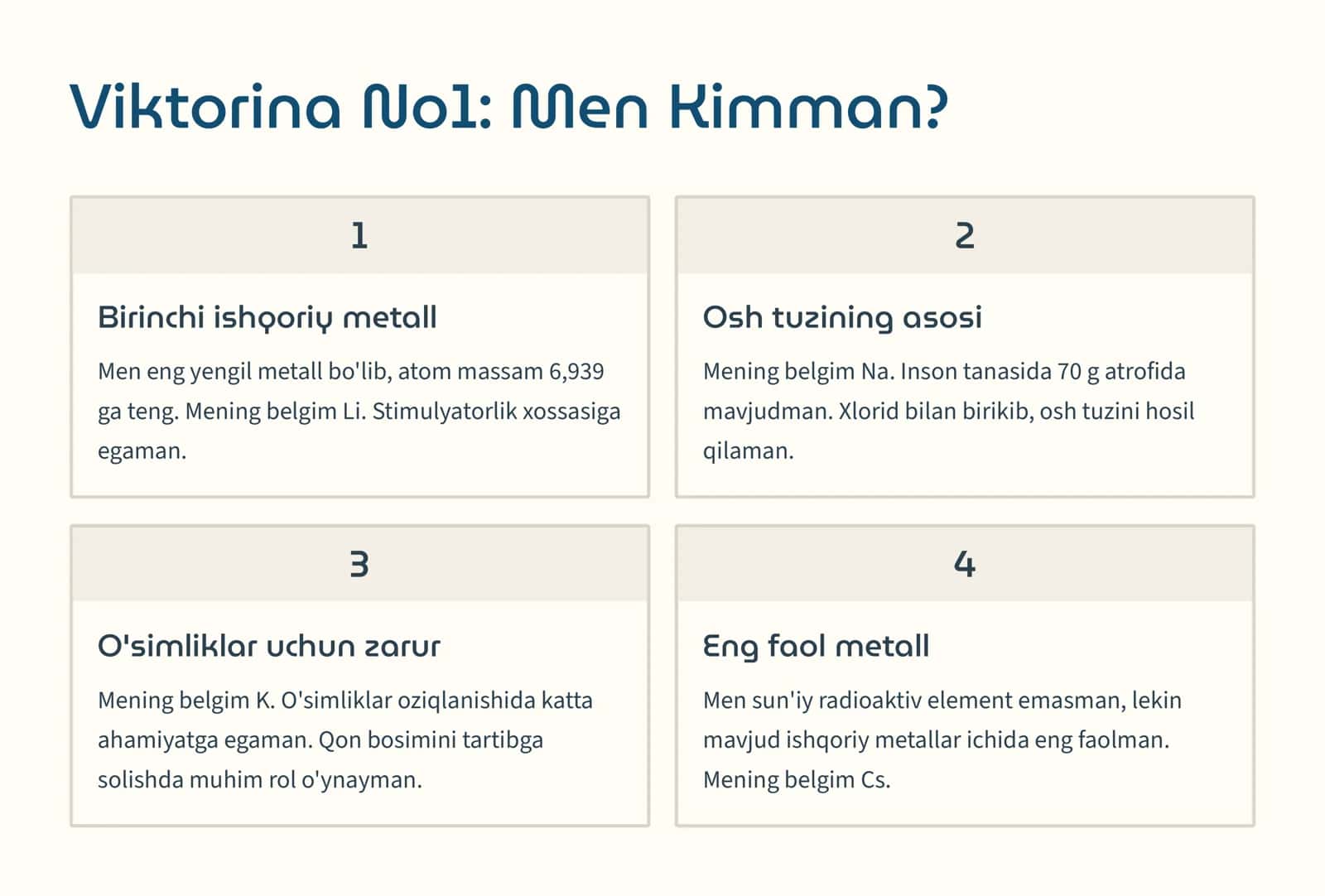 Ishqoriy Metallar Viktorina 2