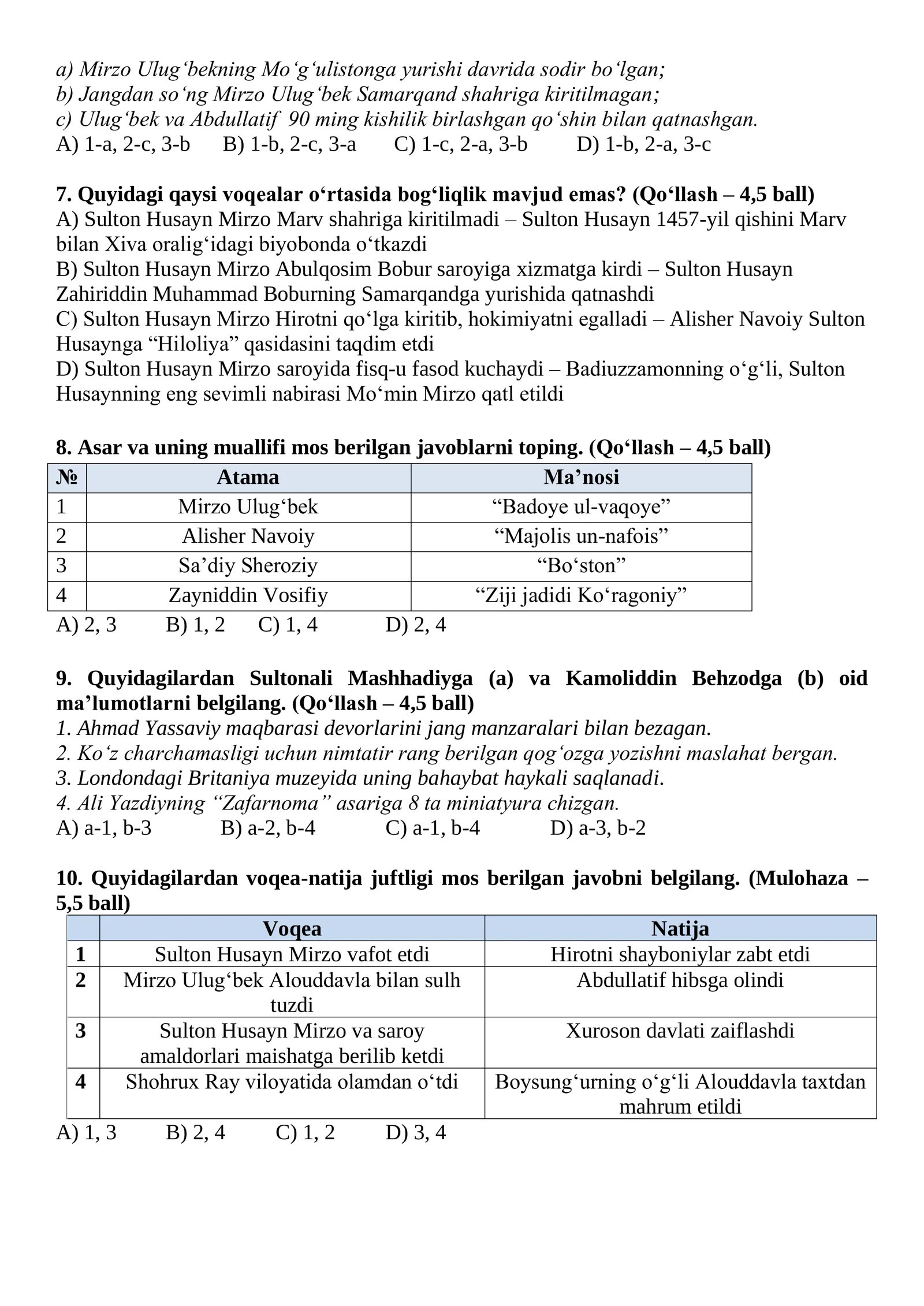 8-SINF. O‘ZBEKISTON TARIXI CHSB 2