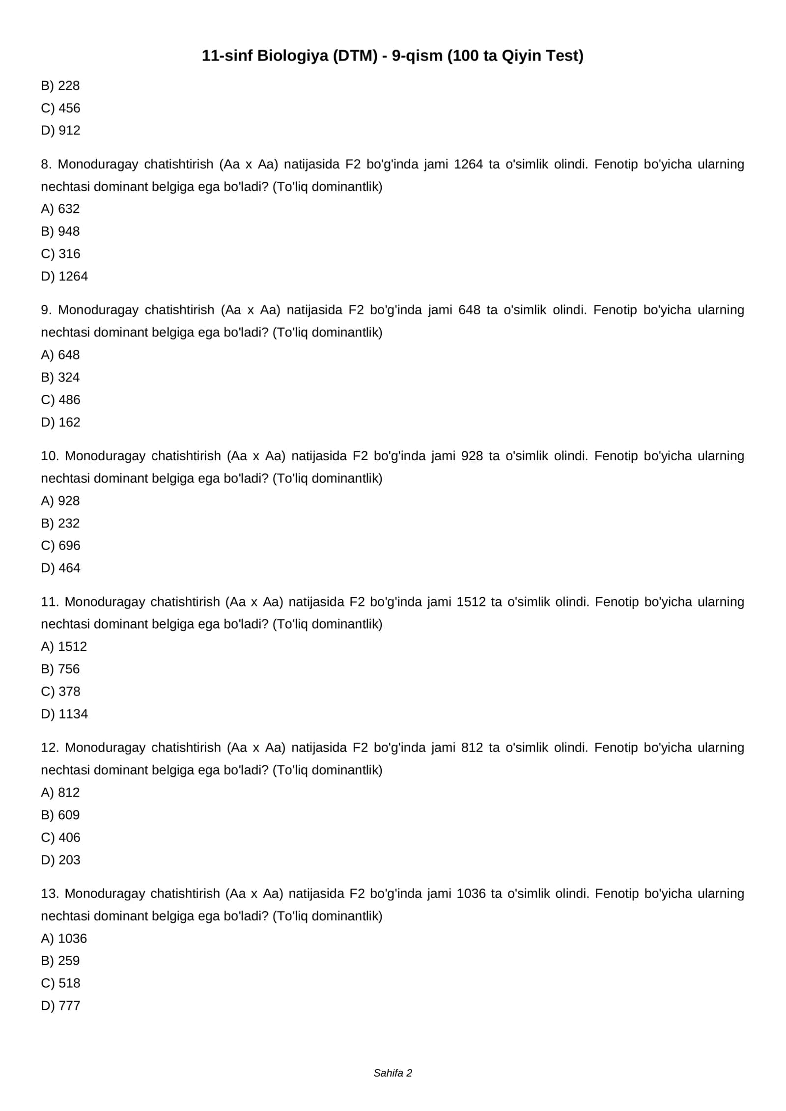 11-sinf Biologiya (DTM) - 9-qism (100 ta Qiyin Test) 2