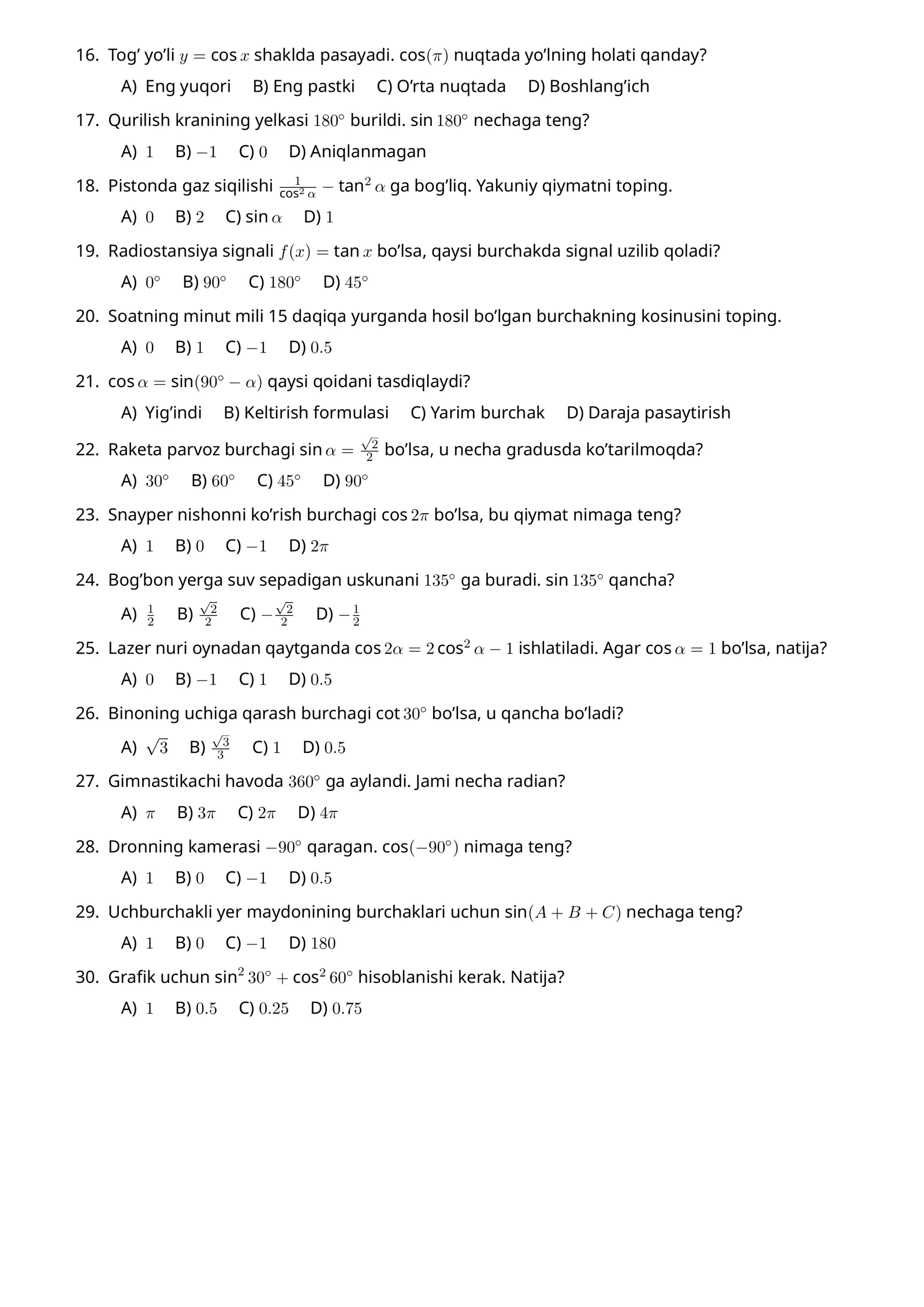 Trigonometriyadan hayotiy 30 ta test 2