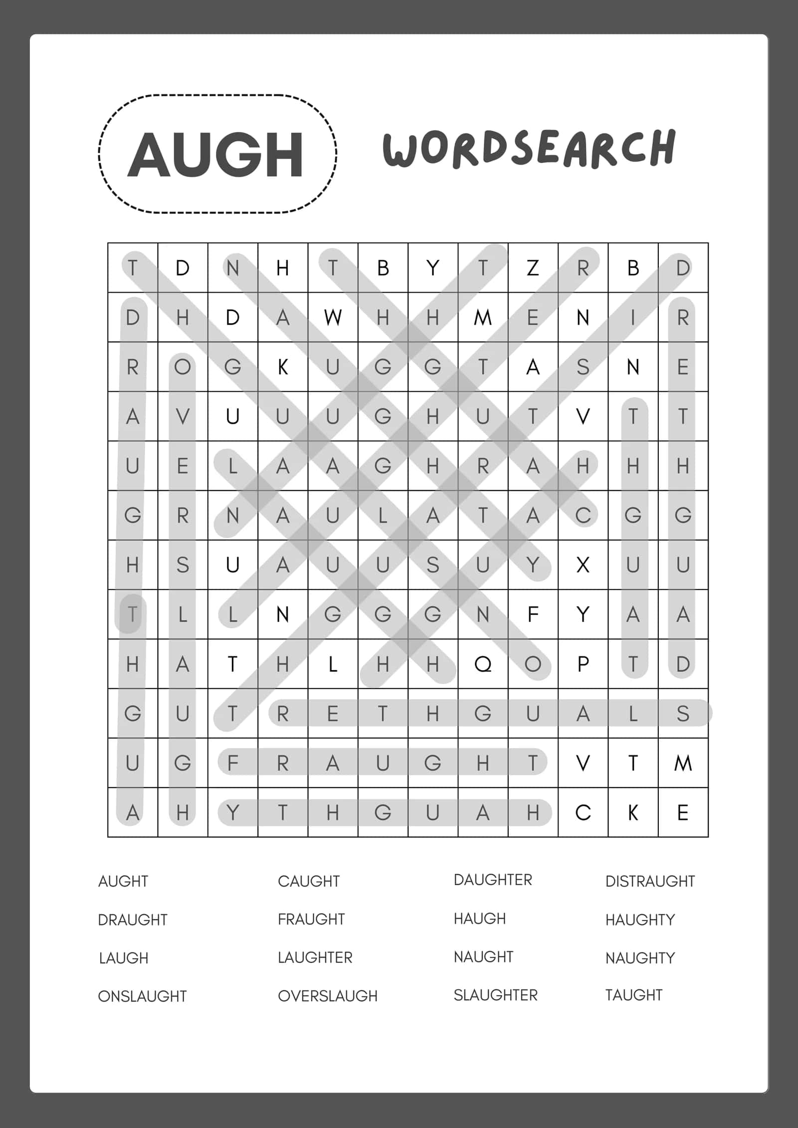 Ingliz tili Fonetika O‘yini: -AUGH- So‘z Qidirish (Wordsearch) — Chop etishga tayyor (PDF) 2