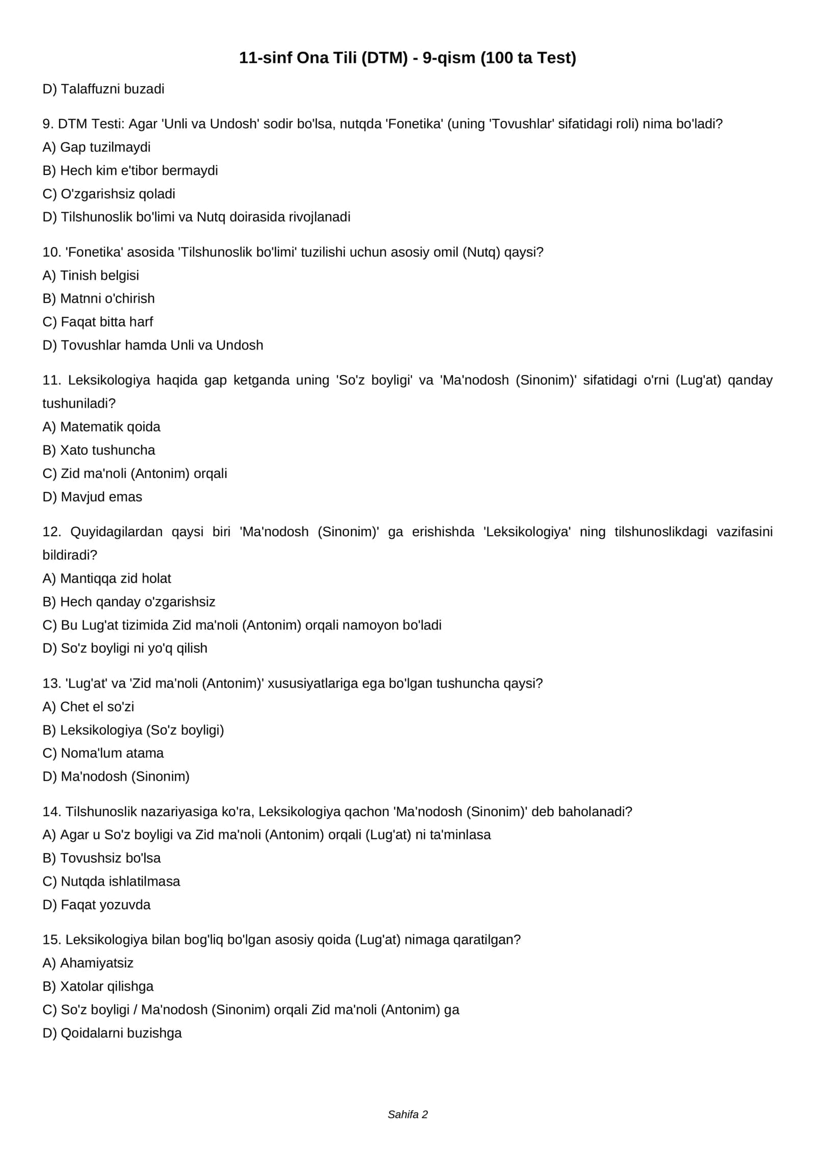 11-sinf Ona Tili (DTM) - 9-qism (100 ta Test) 2