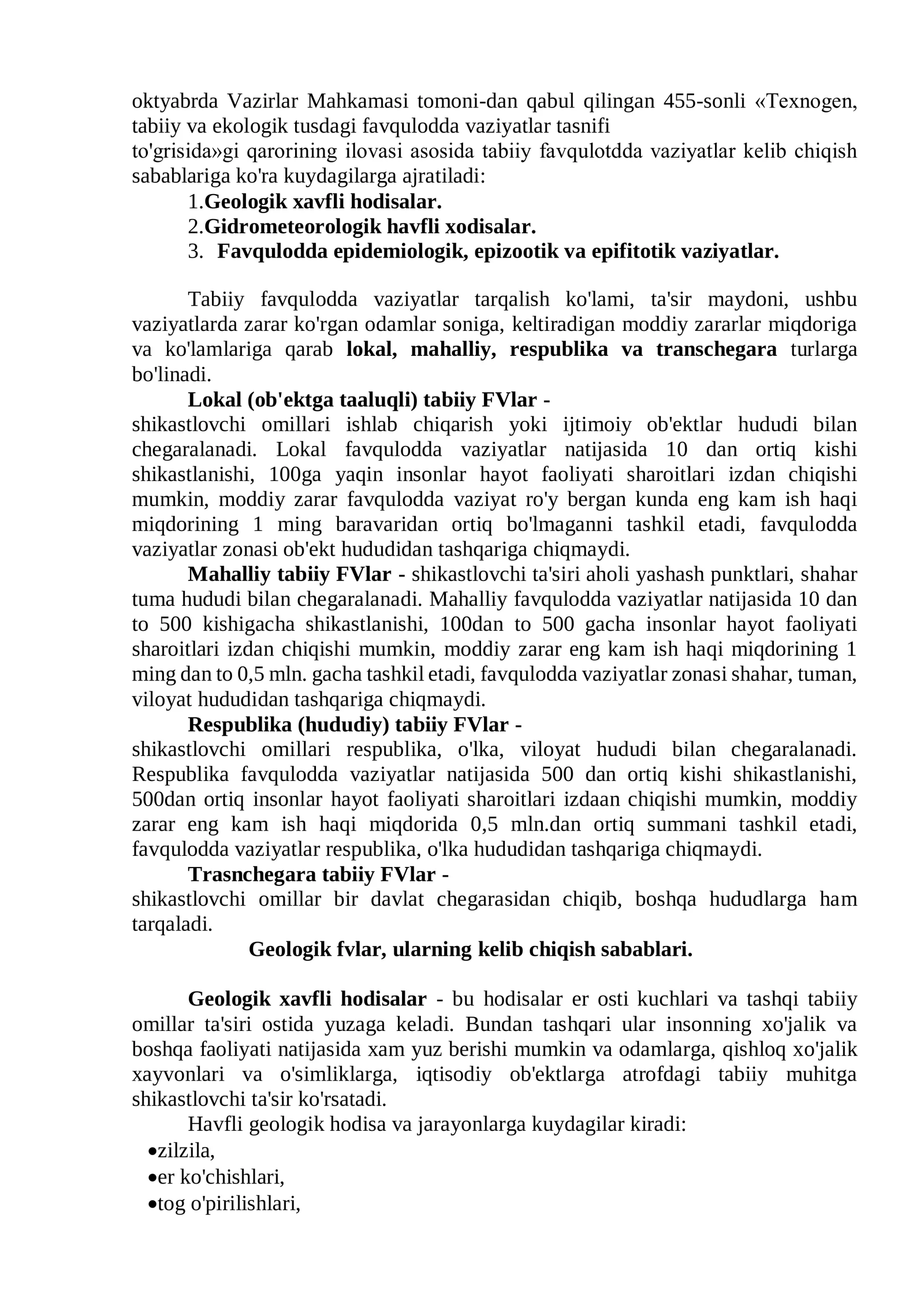 TABIIY TUSDAGI FAVQULODDA VAZIYATLAR, ULARNING TASNIFI VA TAVSIFI. AHOLI VA XUDUDNI TABIIY FAVQULODDA VAZIYATLARDAN MUHOFAZA QILISH 2